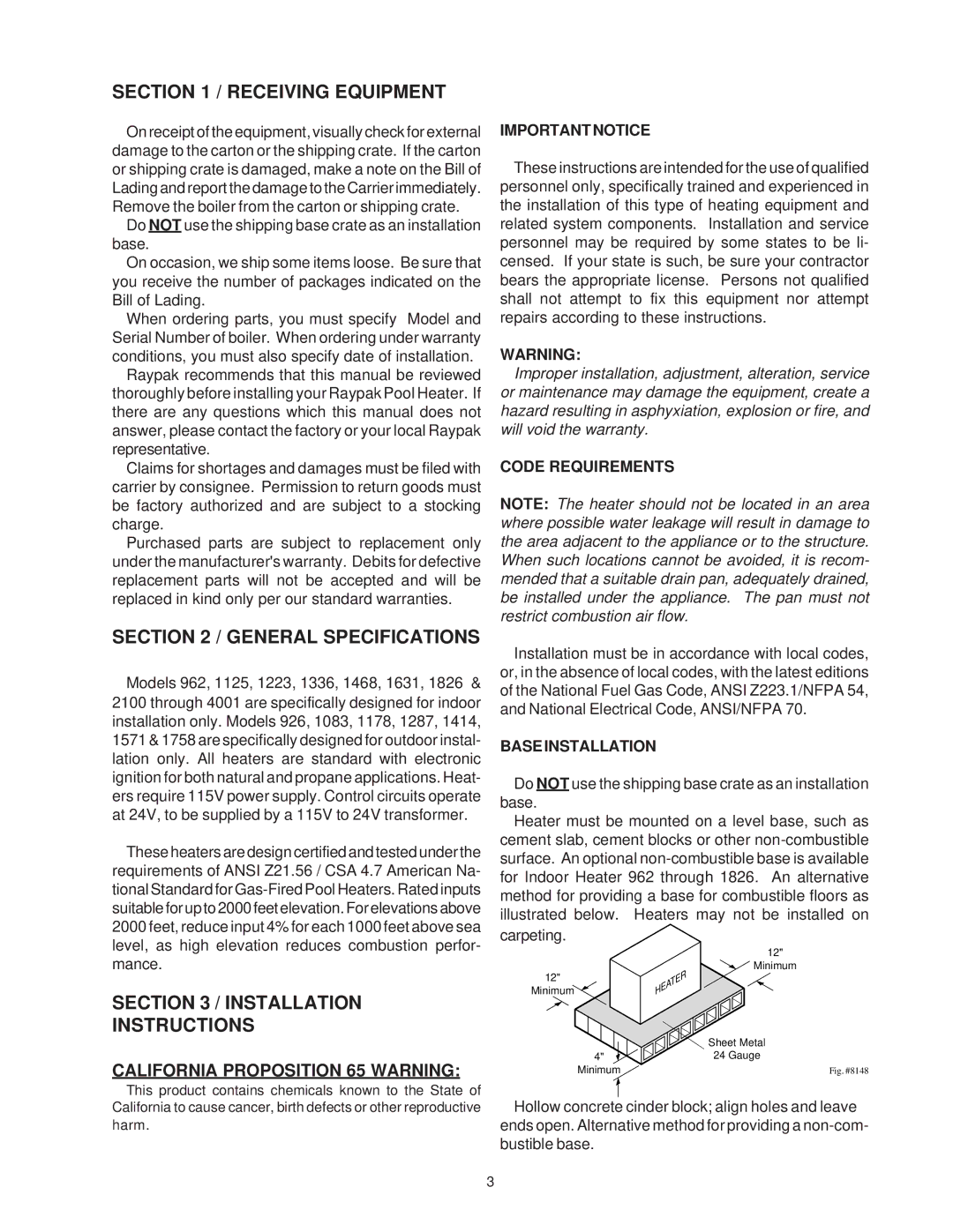 Raypak 1287-1758, 2100-4001, P-926, P-1826, P-2100, P-4001 manual Important Notice, Code Requirements, Base Installation 