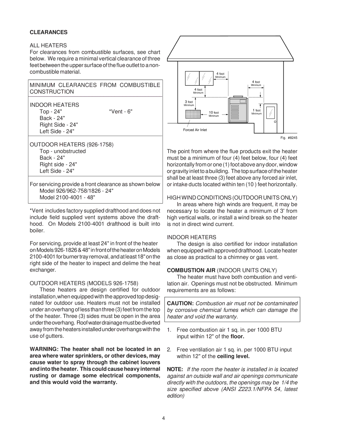 Raypak P-926, P-1826, P-2100, P-4001 Clearances, ALL Heaters, Outdoor Heaters Models, Combustion AIR Indoor Units only 