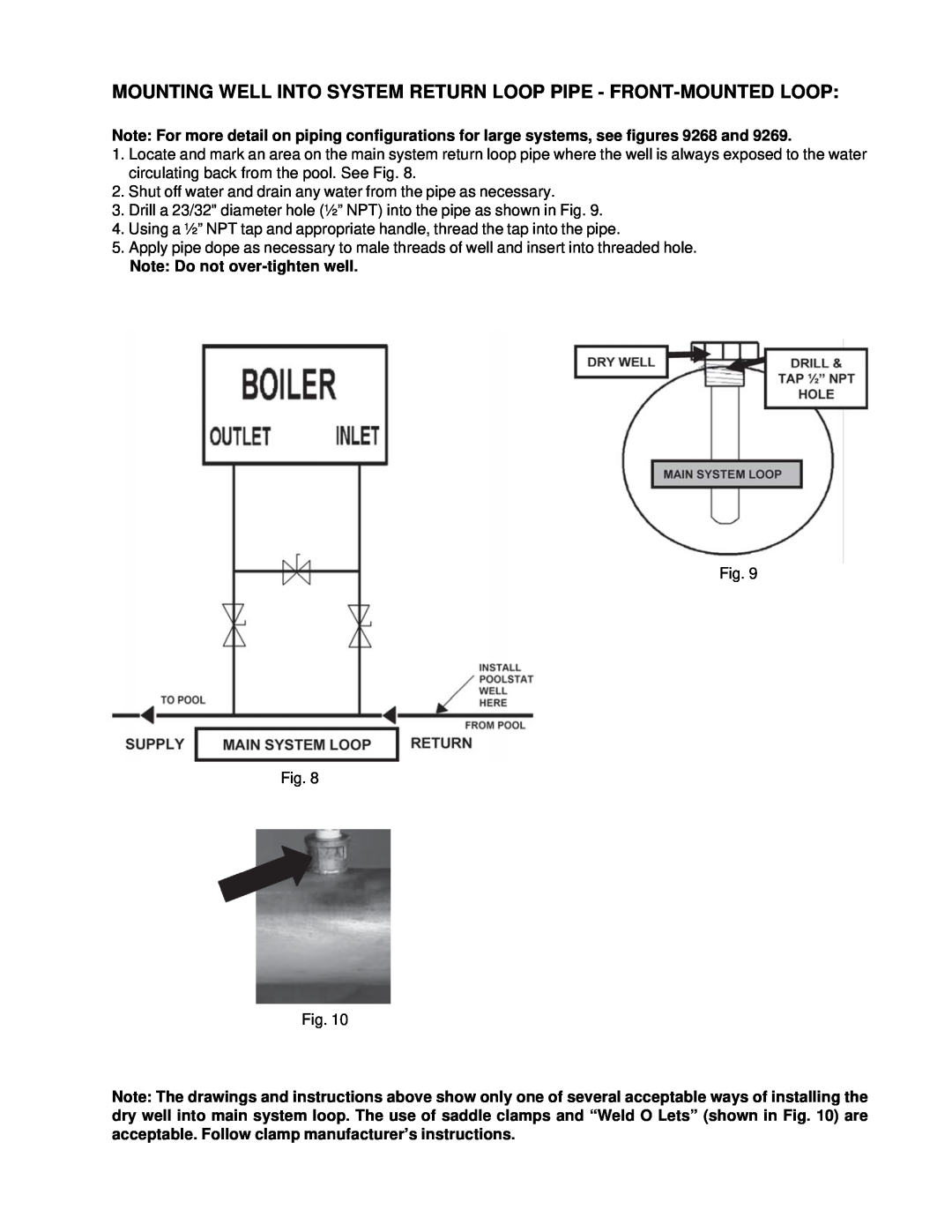 Raypak P926, P1826, P2100, P4001, 1287-1758, 2100-4001 Mounting Well Into System Return Loop Pipe - Front-Mounted Loop 