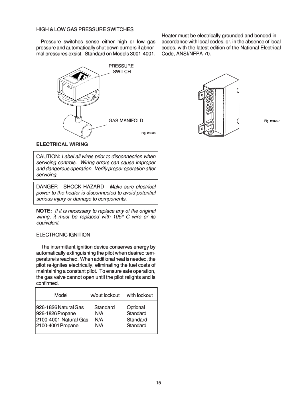 Raypak 1287-1758, 2100-4001, P-926, P-1826, P-2100, P-4001 manual Electrical Wiring, Pressure Switch, Gas Manifold 