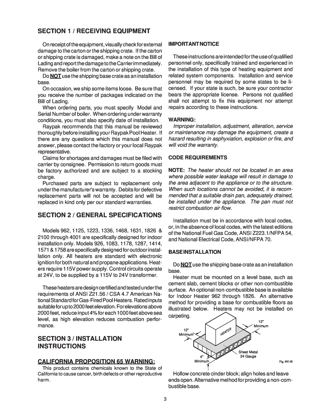 Raypak 1287-1758, 2100-4001 manual Receiving Equipment, General Specifications, Installation Instructions, Important Notice 
