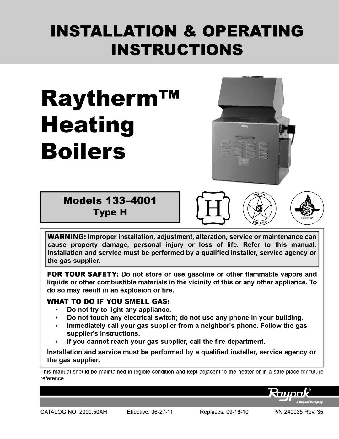 Raypak 133-4001 manual Raytherm Heating Boilers 