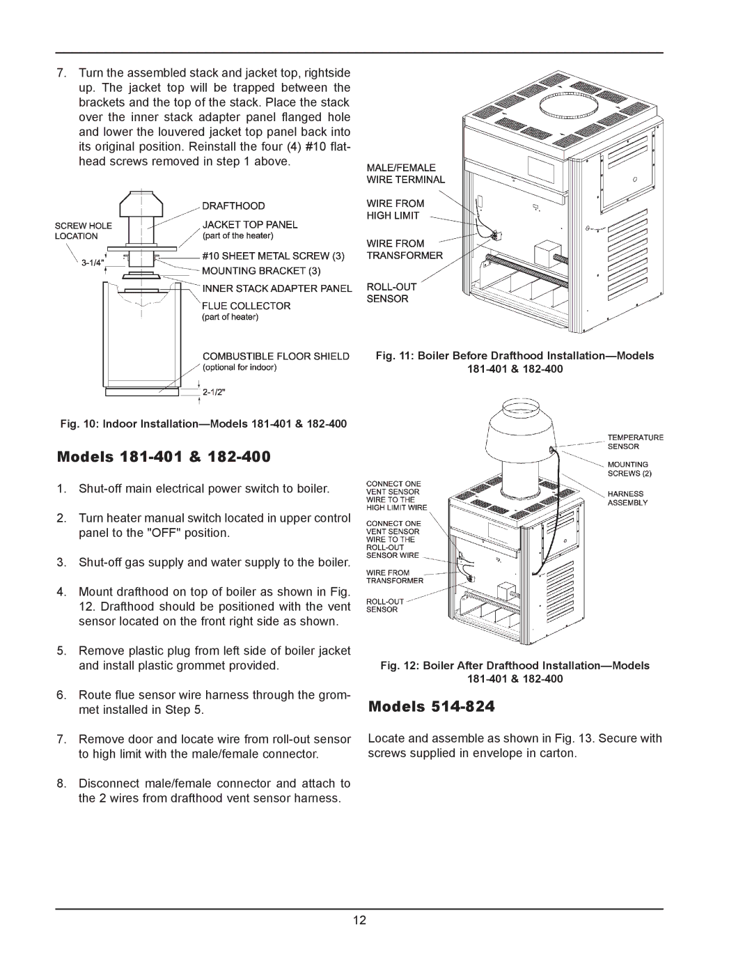 Raypak 133-4001 manual Indoor Installation-Models 181-401 