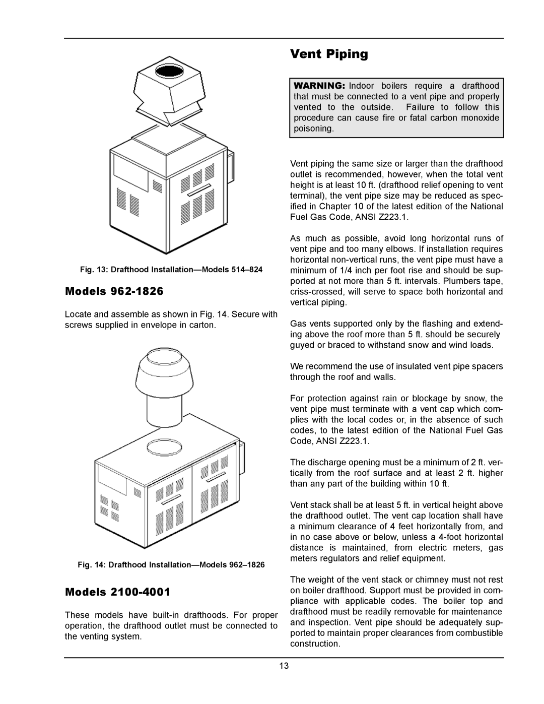 Raypak 133-4001 manual Vent Piping, Drafthood Installation-Models 