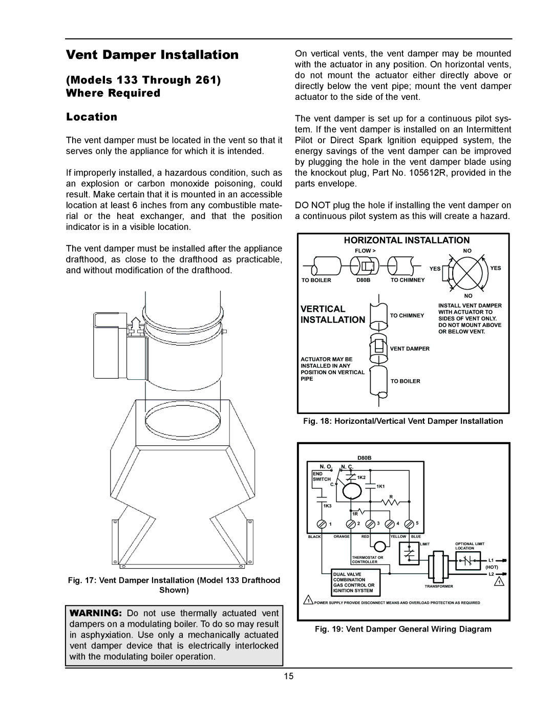 Raypak 133-4001 manual Vent Damper Installation, Models 133 Through 261 Where Required Location 