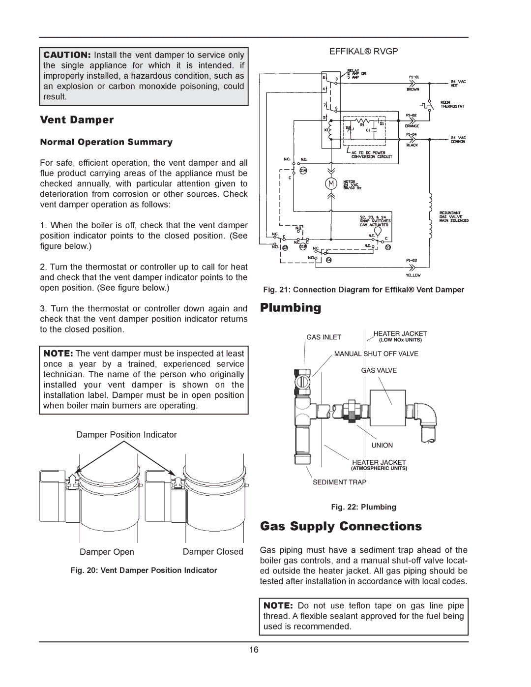 Raypak 133-4001 manual Plumbing, Gas Supply Connections, Vent Damper, Normal Operation Summary 