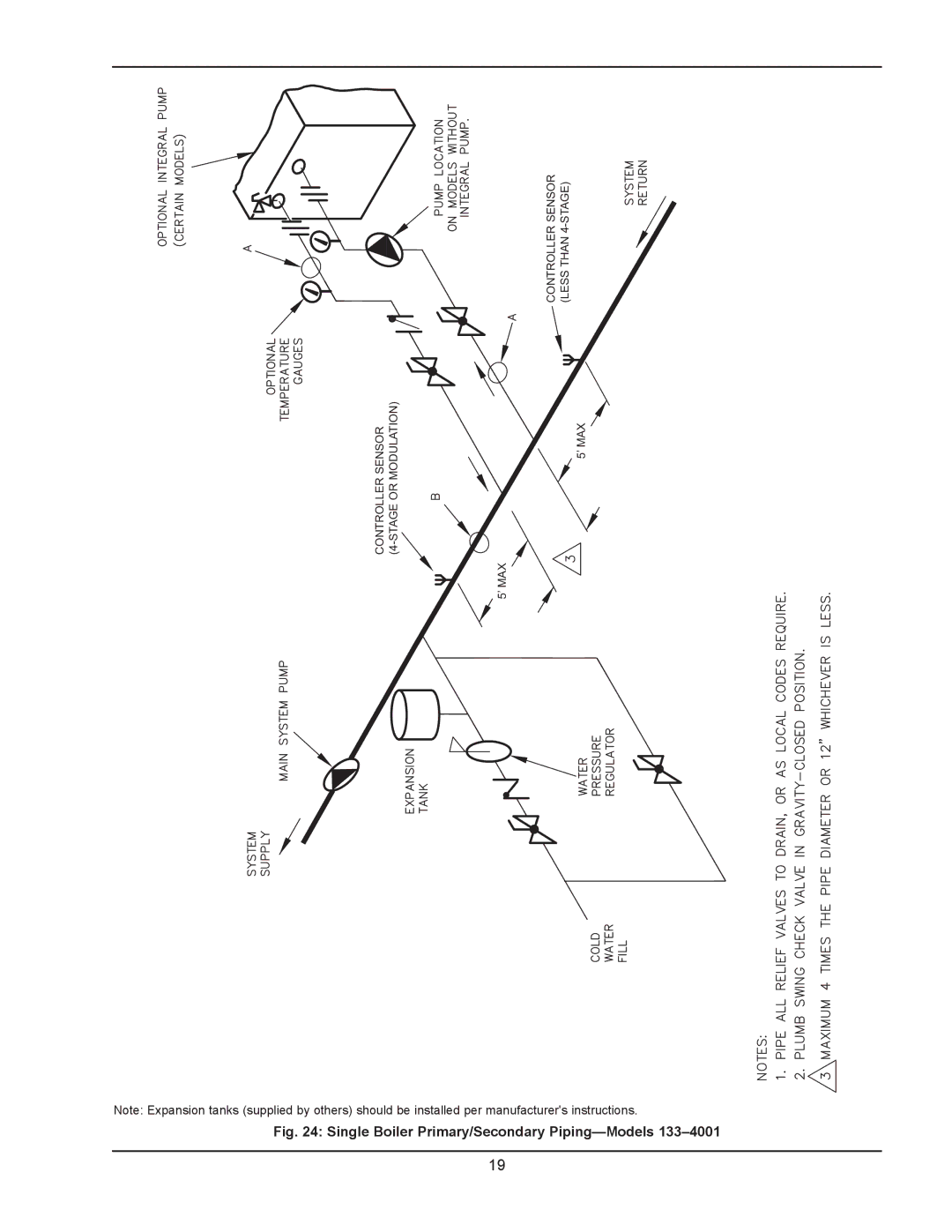 Raypak 133-4001 manual Single Boiler Primary/Secondary Piping-Models 