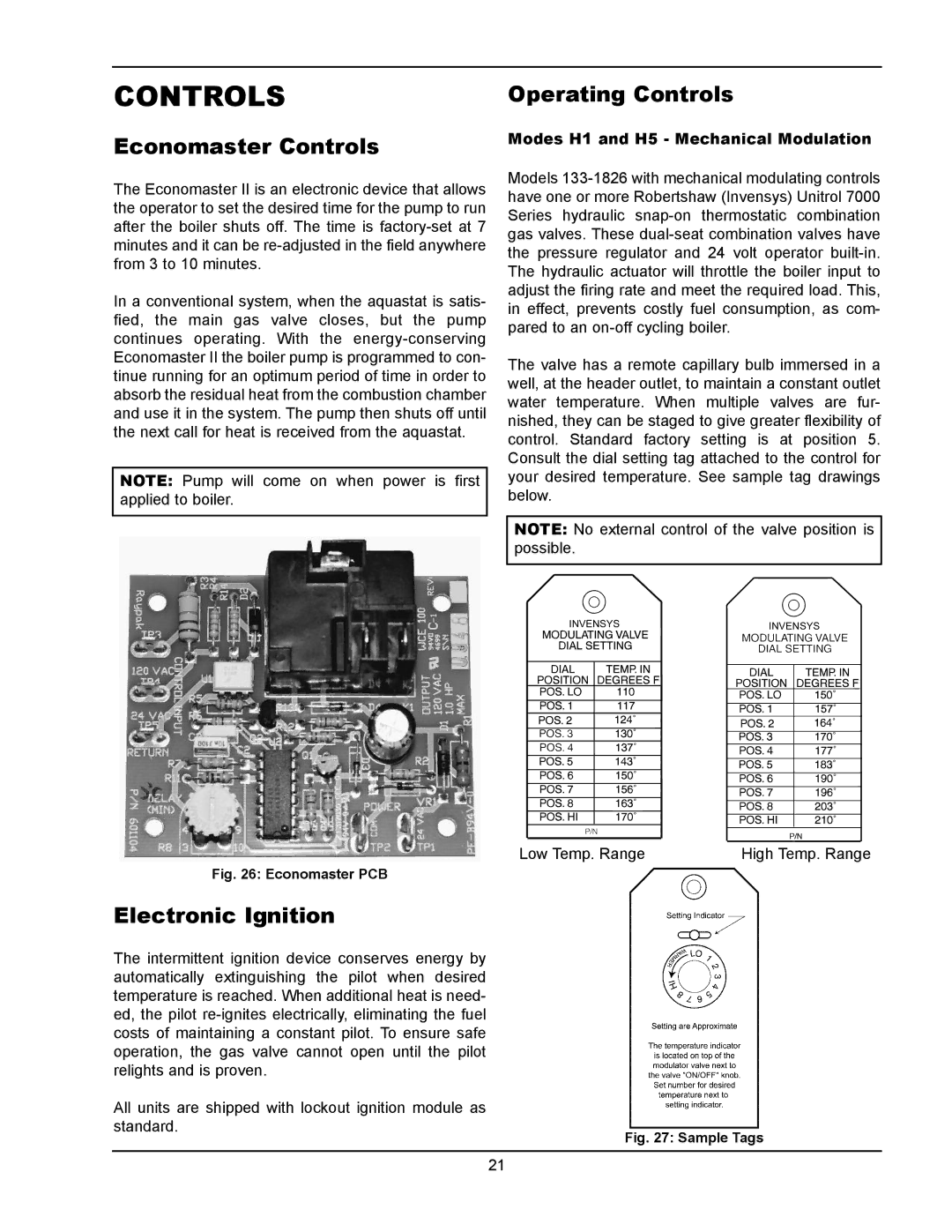 Raypak 133-4001 Economaster Controls, Electronic Ignition, Operating Controls, Modes H1 and H5 Mechanical Modulation 