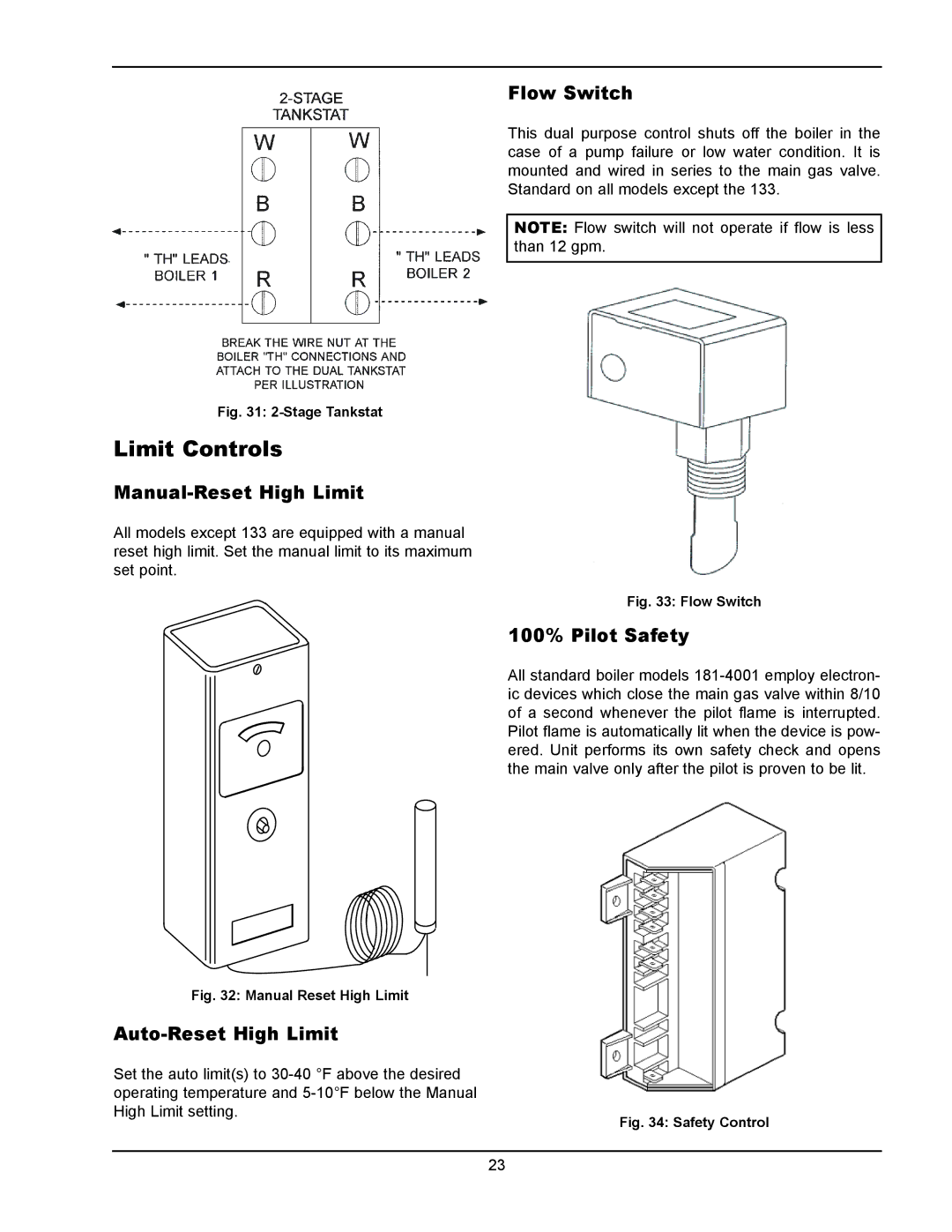 Raypak 133-4001 manual Limit Controls, Manual-Reset High Limit, Auto-Reset High Limit, Flow Switch, 100% Pilot Safety 