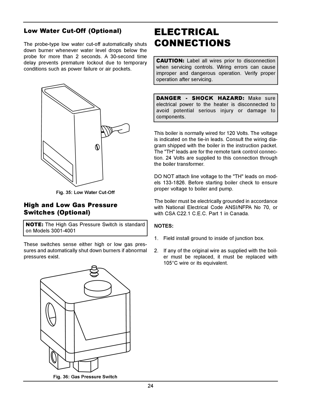 Raypak 133-4001 manual Electrical Connections, Low Water Cut-Off Optional, High and Low Gas Pressure Switches Optional 