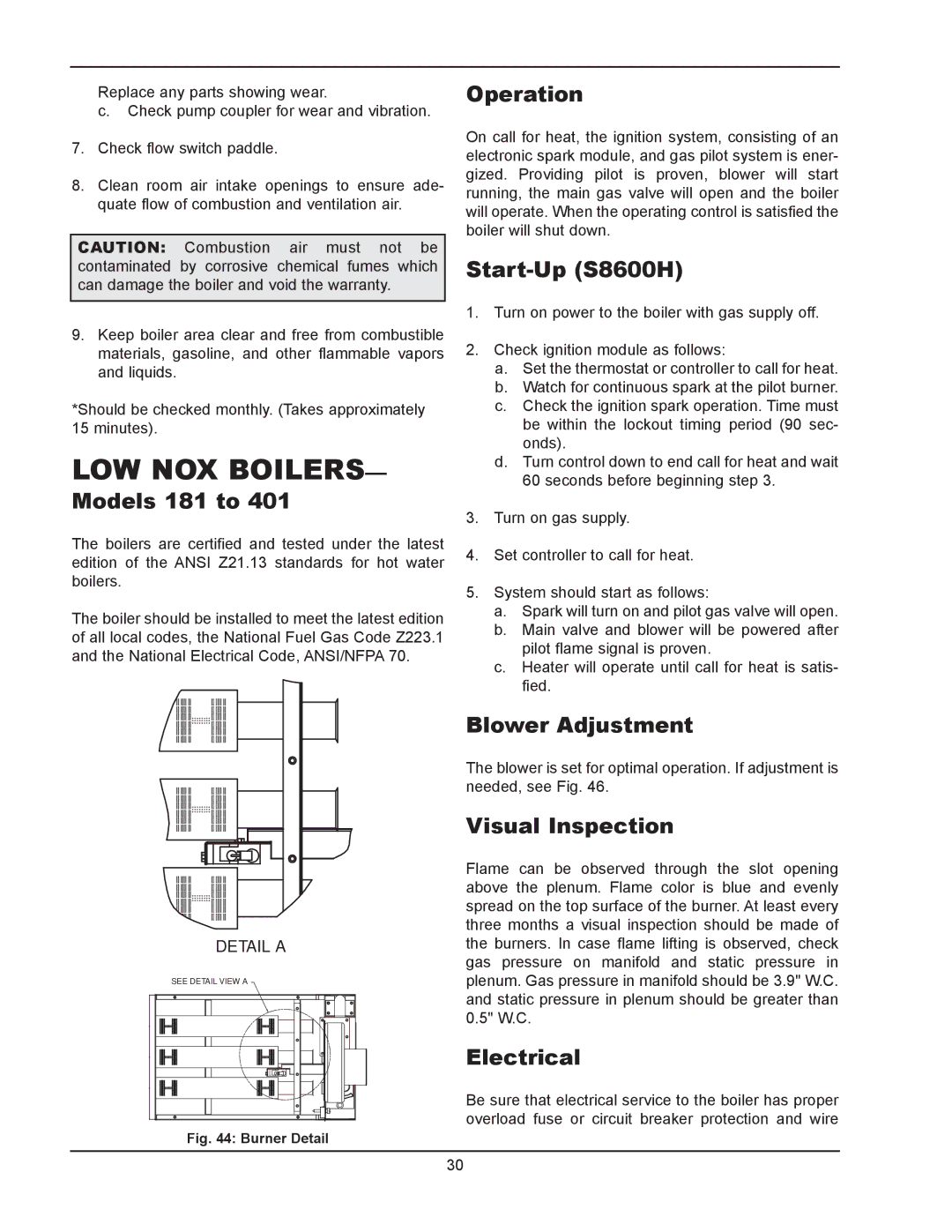 Raypak 133-4001 manual Models 181 to, Operation, Start-Up S8600H, Blower Adjustment, Visual Inspection, Electrical 