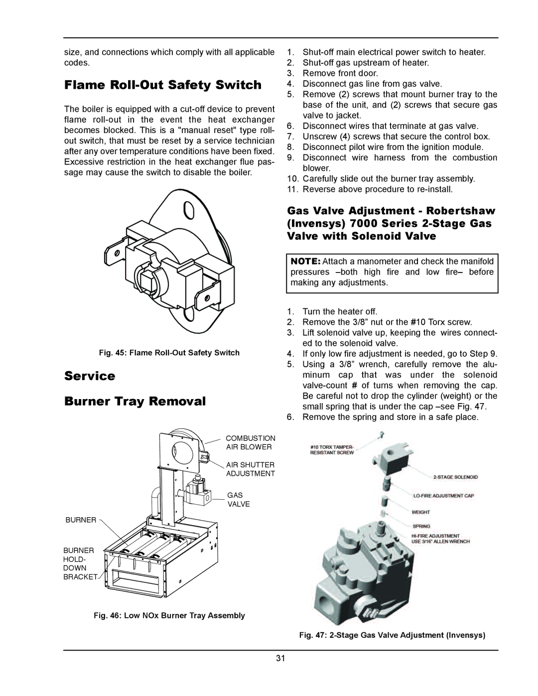 Raypak 133-4001 manual Flame Roll-Out Safety Switch, Service Burner Tray Removal 