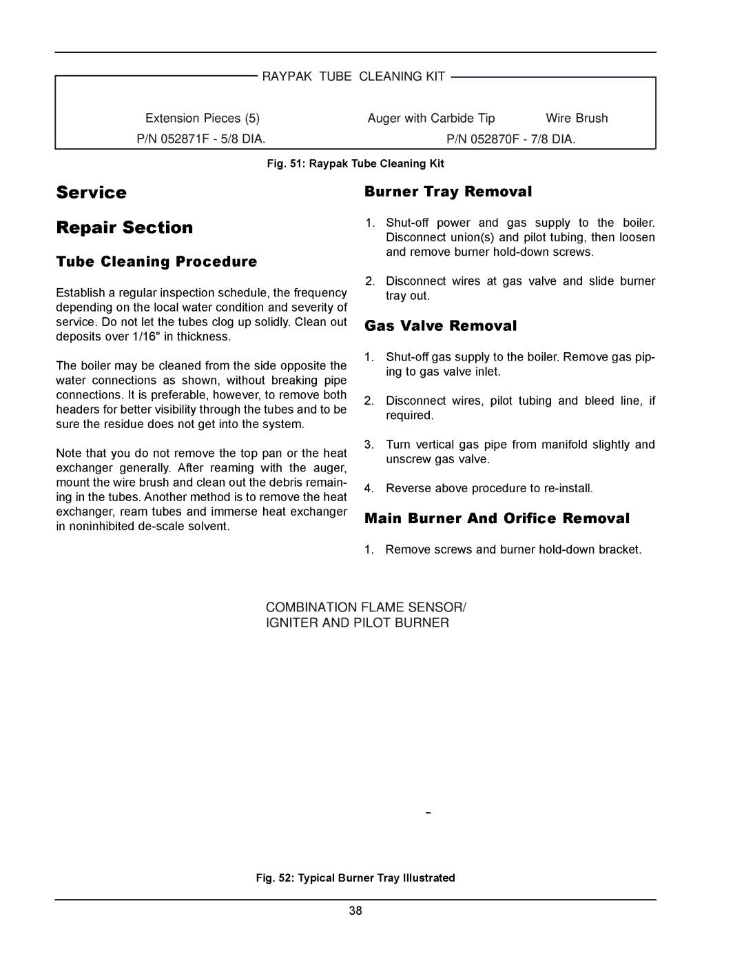 Raypak 133-4001 manual Service Repair Section, Tube Cleaning Procedure, Burner Tray Removal, Gas Valve Removal 