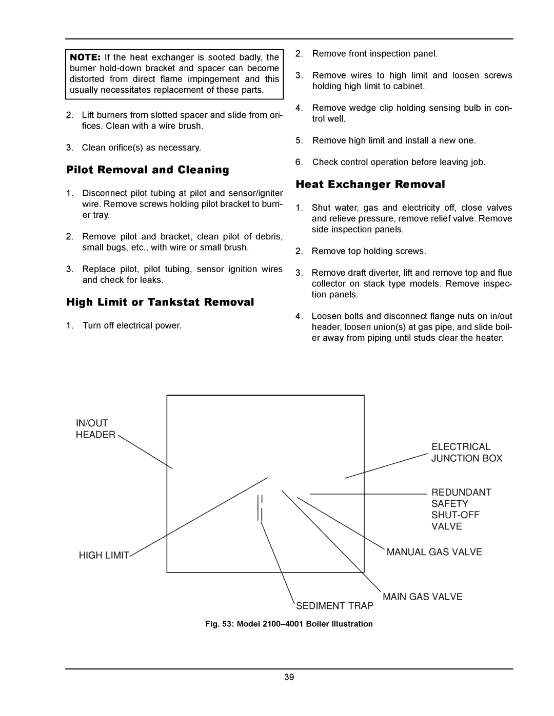 Raypak 133-4001 manual Pilot Removal and Cleaning, High Limit or Tankstat Removal, Heat Exchanger Removal 