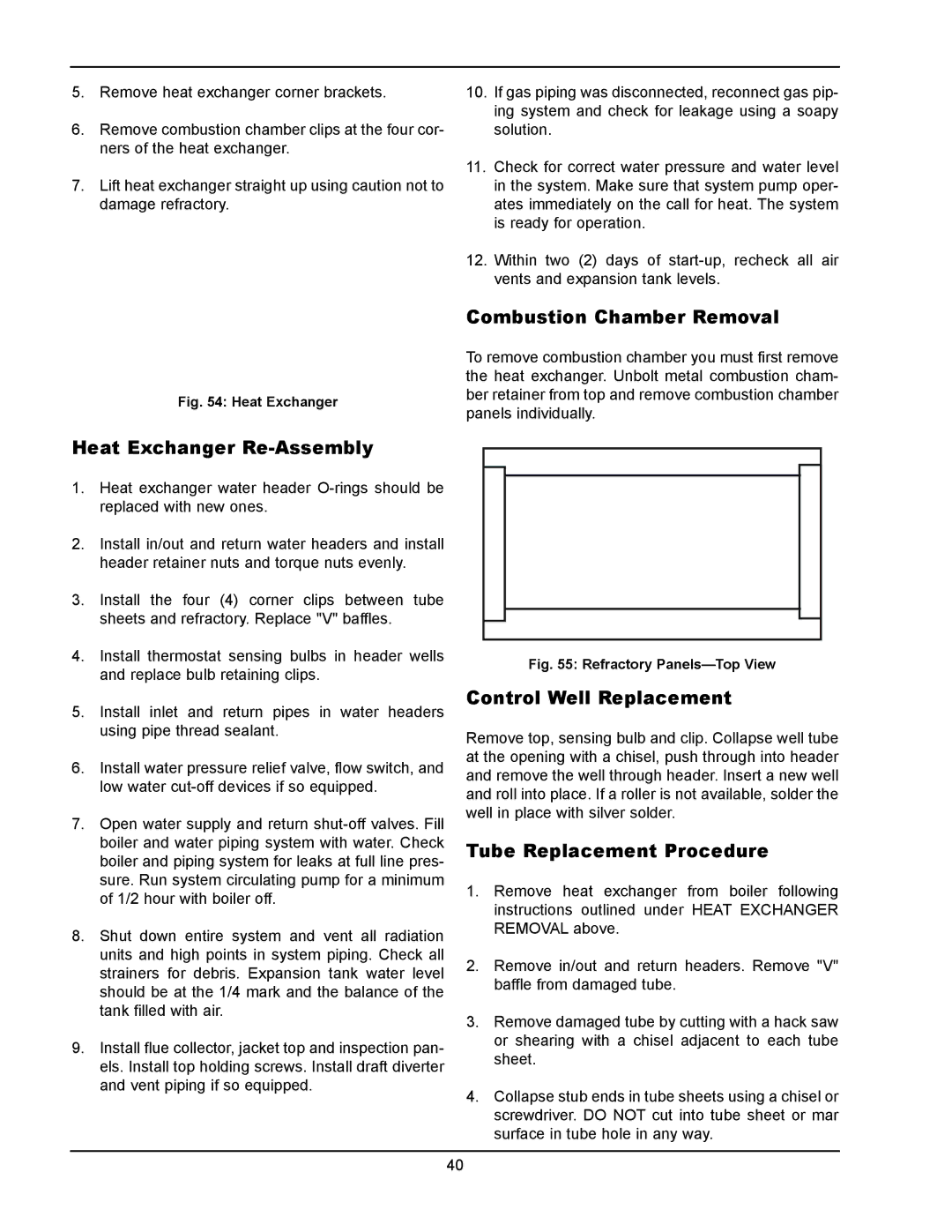 Raypak 133-4001 manual Combustion Chamber Removal, Heat Exchanger Re-Assembly, Control Well Replacement 