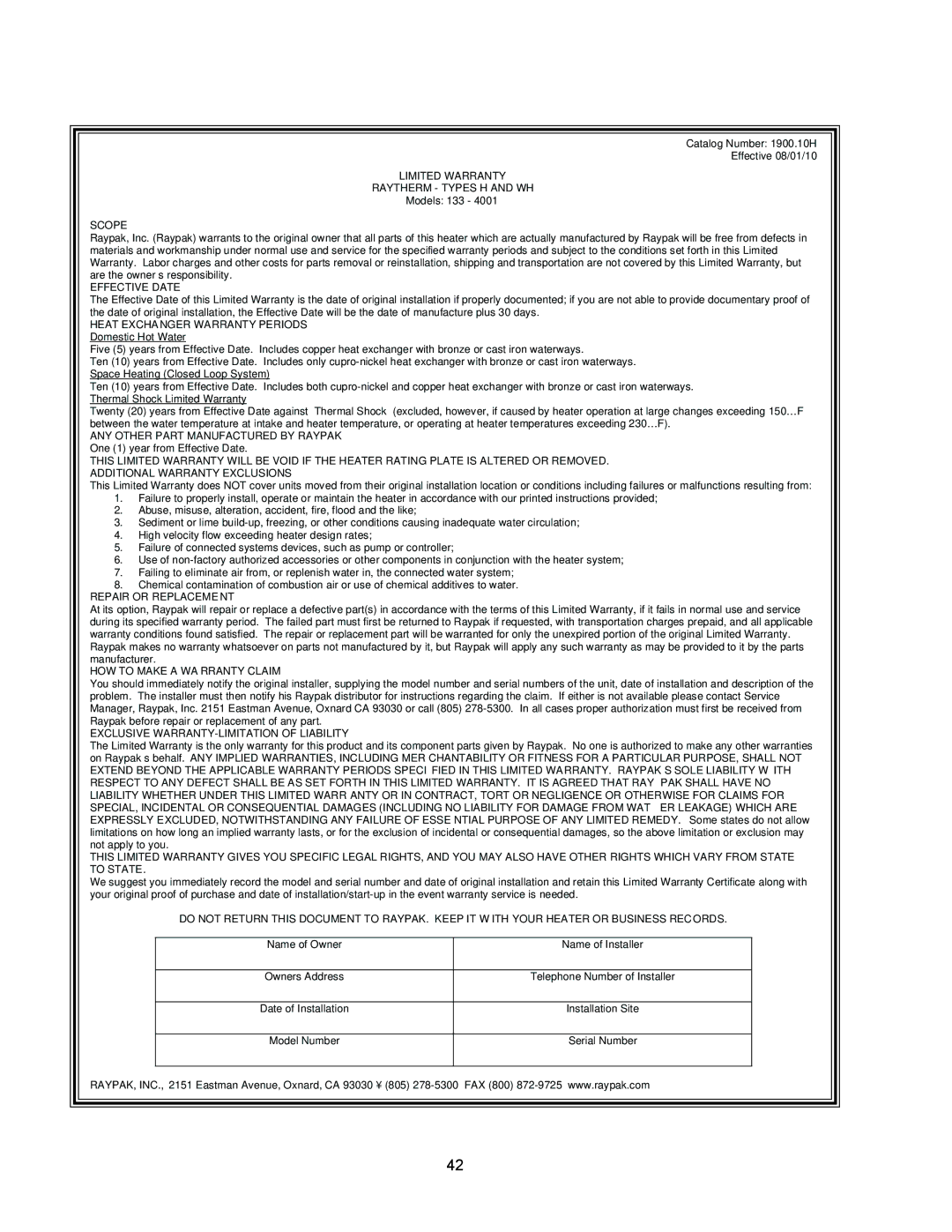 Raypak 133-4001 manual Limited Warranty Raytherm Types H and WH 