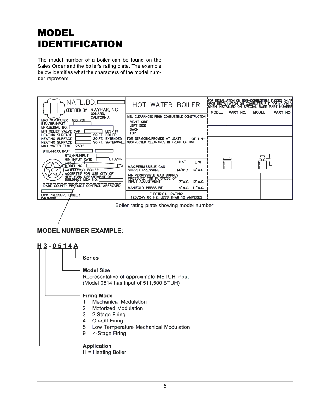 Raypak 133-4001 manual Model Identification, 0 5 1 4 a 