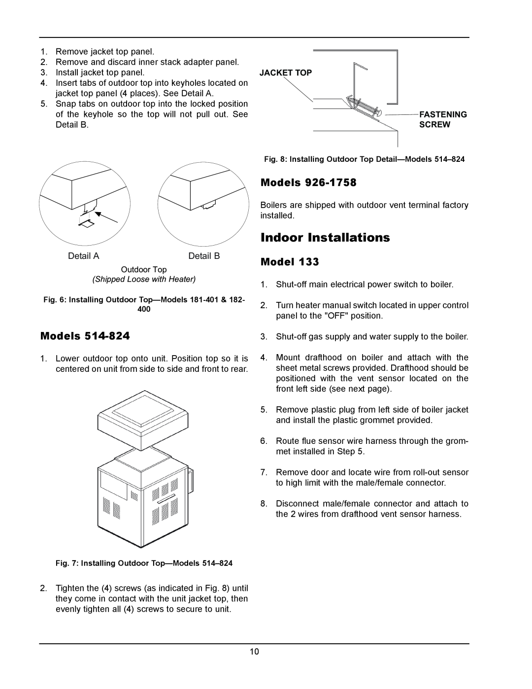 Raypak 133-4001 manual Indoor Installations, Models, Detail A, Detail B, Jacket Top, Screw 