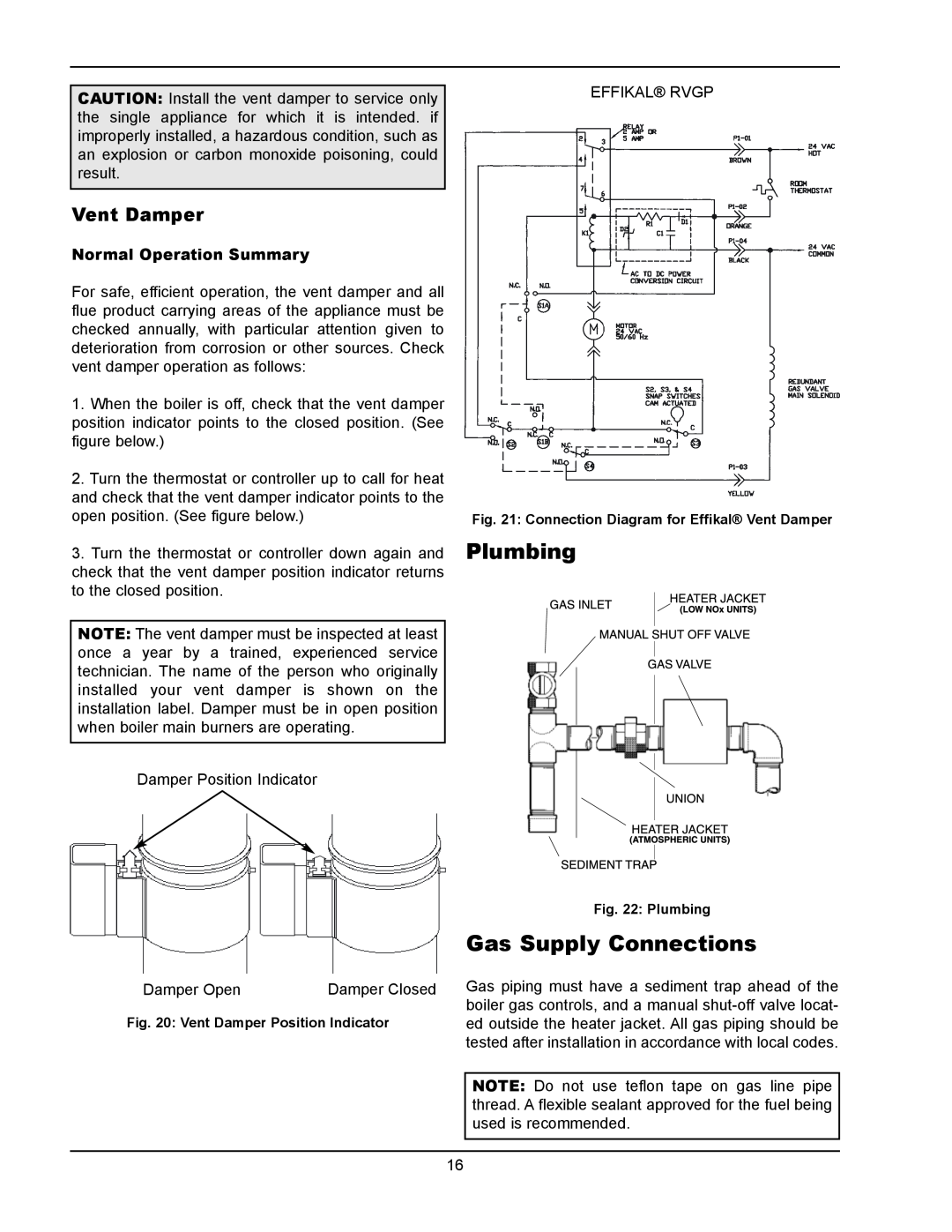 Raypak 133-4001 manual Plumbing, Gas Supply Connections, Vent Damper, Normal Operation Summary 