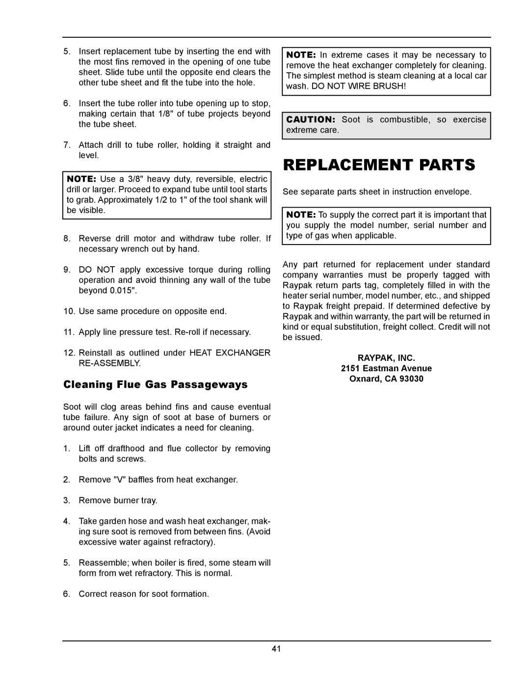 Raypak 133-4001 manual Replacement Parts, Cleaning Flue Gas Passageways, RAYPAK, INC 2151 Eastman Avenue Oxnard, CA 
