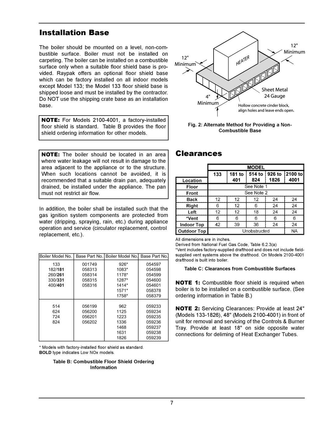 Raypak 133-4001 manual Installation Base, Clearances 