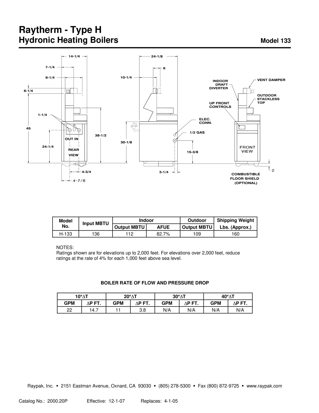 Raypak 133 warranty Afue, Boiler Rate of Flow and Pressure Drop, Gpm 