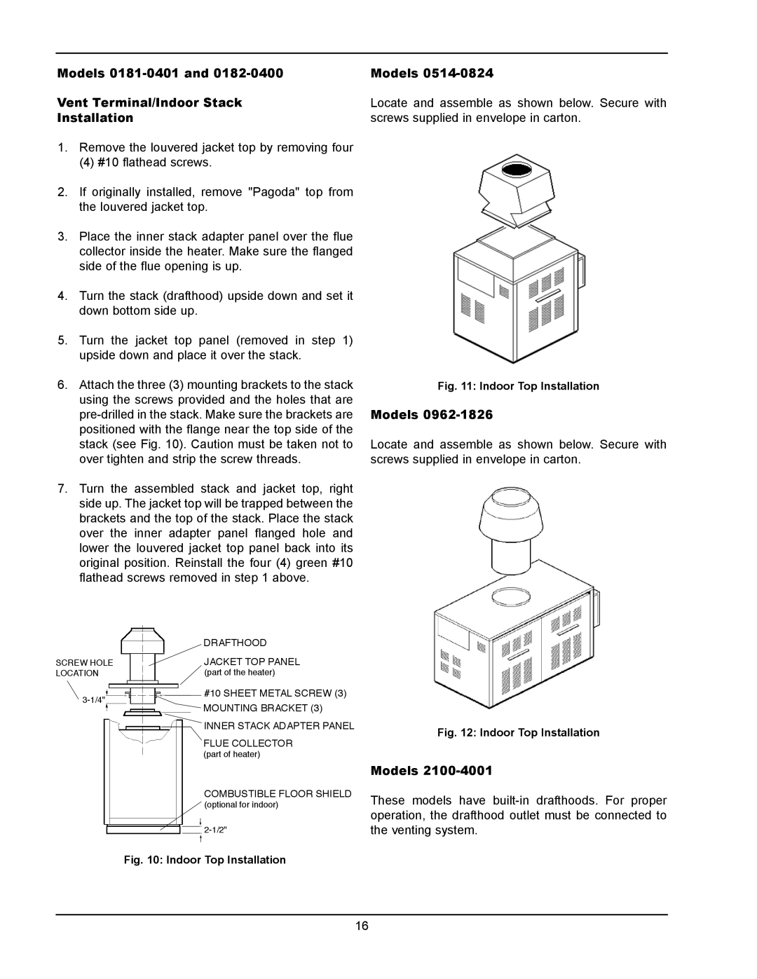 Raypak 1334001 operating instructions Models 0181-0401 Vent Terminal/Indoor Stack Installation 