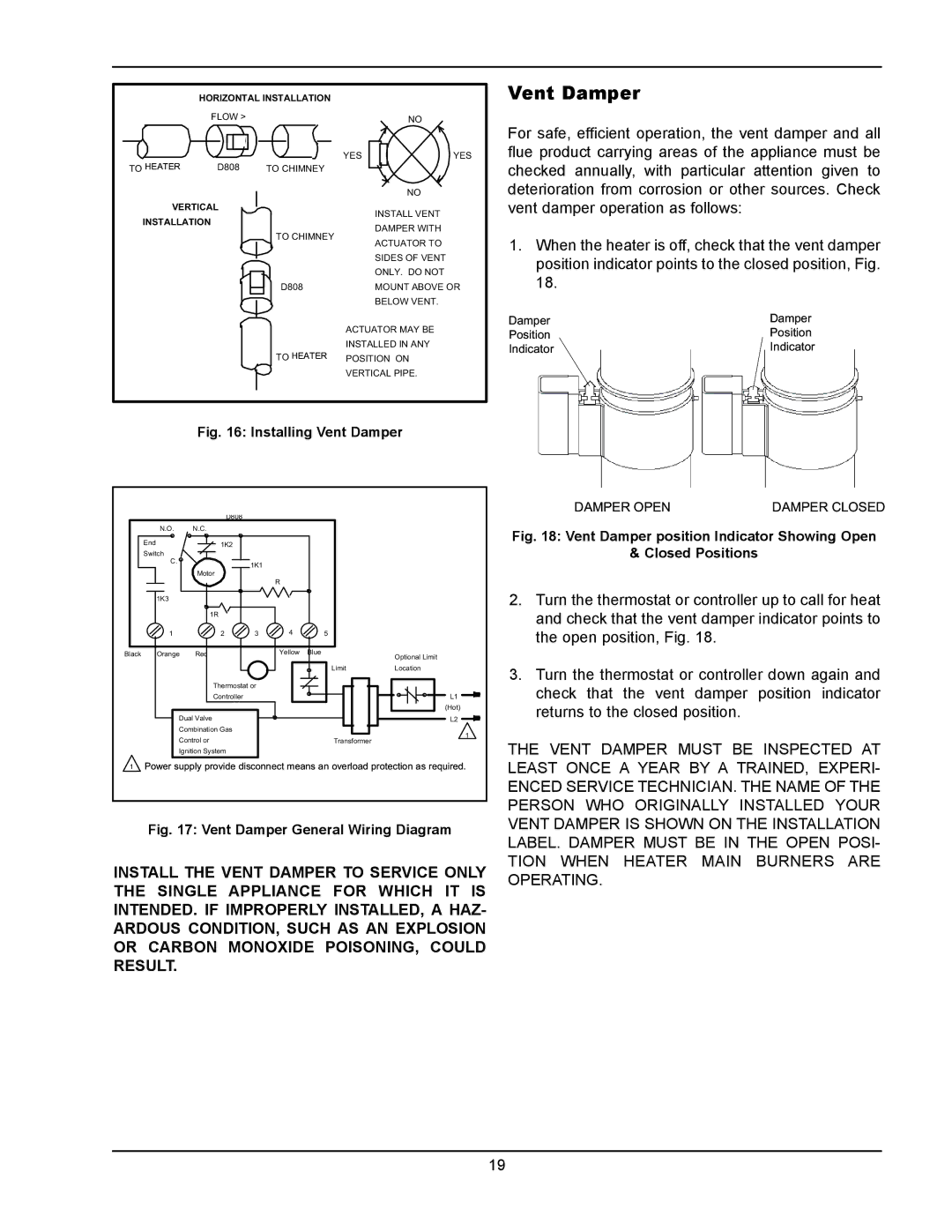 Raypak 1334001 operating instructions Vent Damper, Installation 