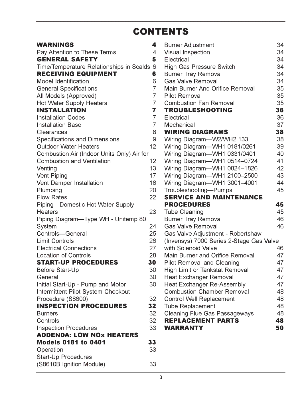 Raypak 1334001 operating instructions Contents 