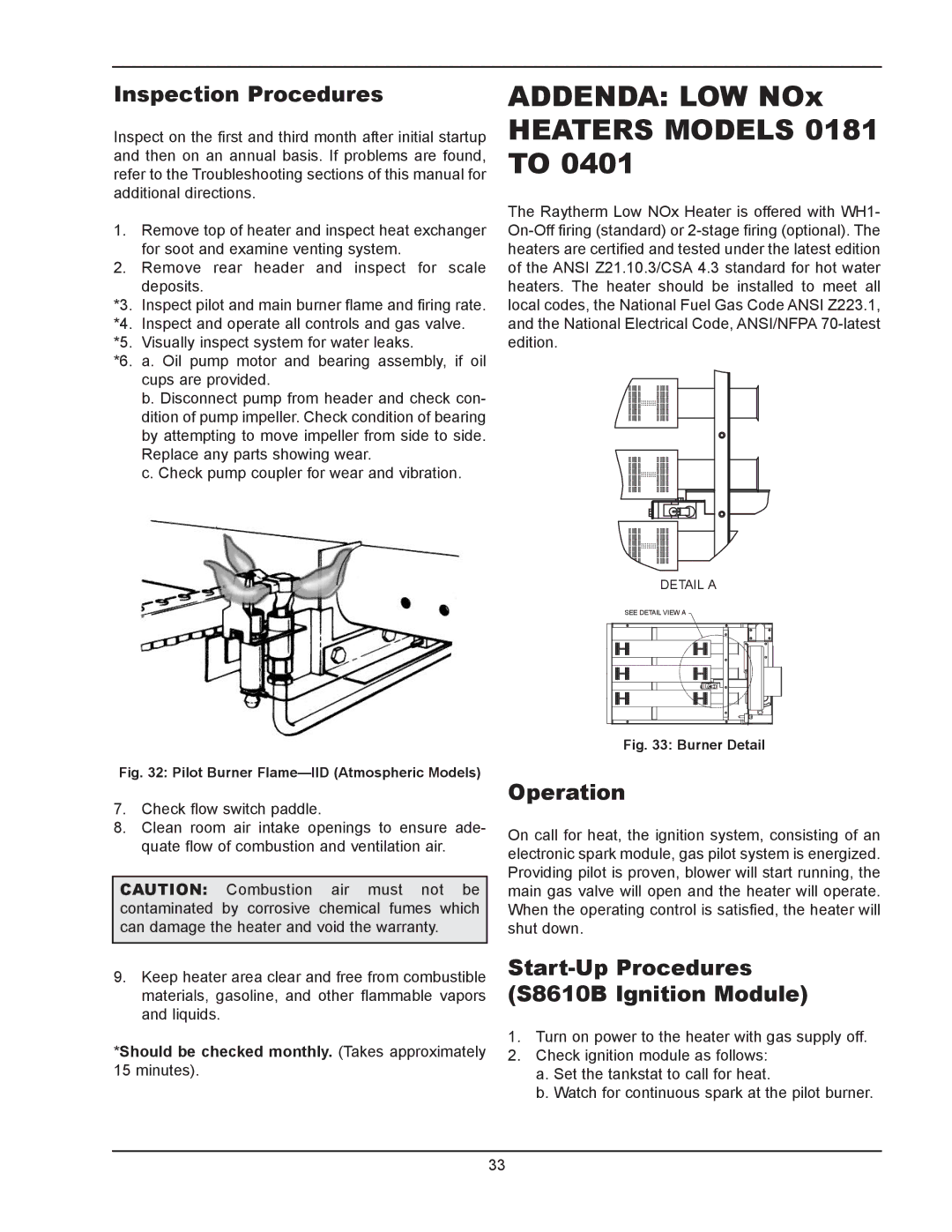 Raypak 1334001 operating instructions Inspection Procedures, Operation, Start-Up Procedures S8610b Ignition Module 