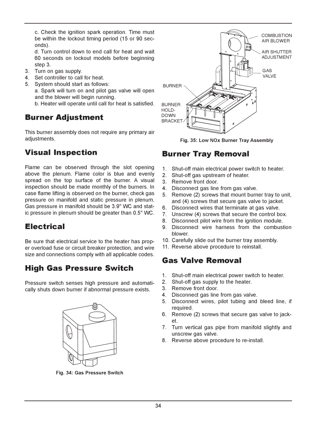 Raypak 1334001 Burner Adjustment, Visual Inspection, Electrical, High Gas Pressure Switch, Burner Tray Removal 