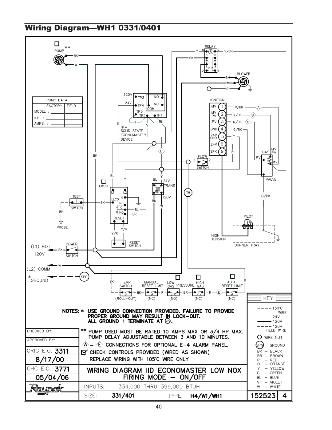 Raypak 1334001 operating instructions Wiring Diagram-WH1 0331/0401 