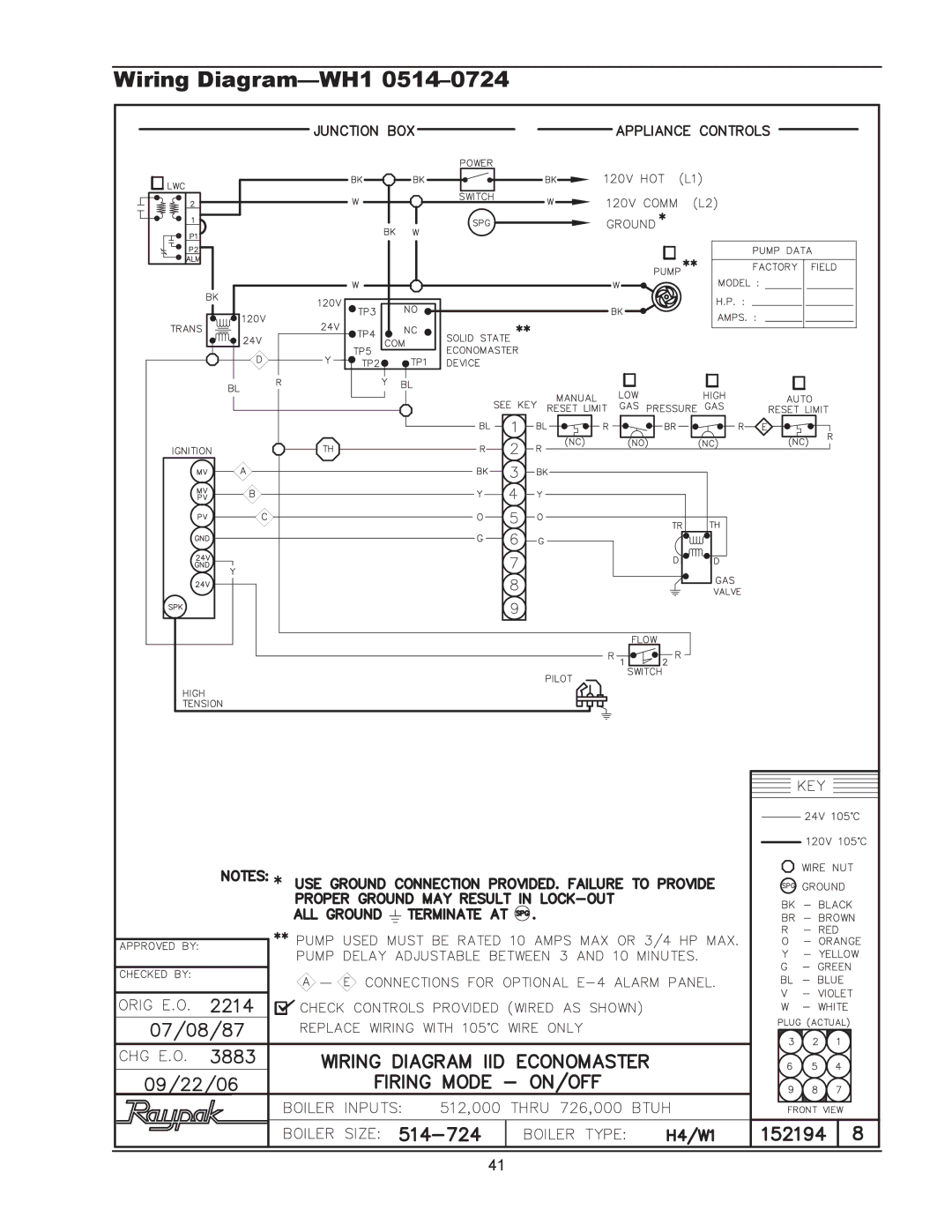 Raypak 1334001 operating instructions Wiring Diagram-WH1 