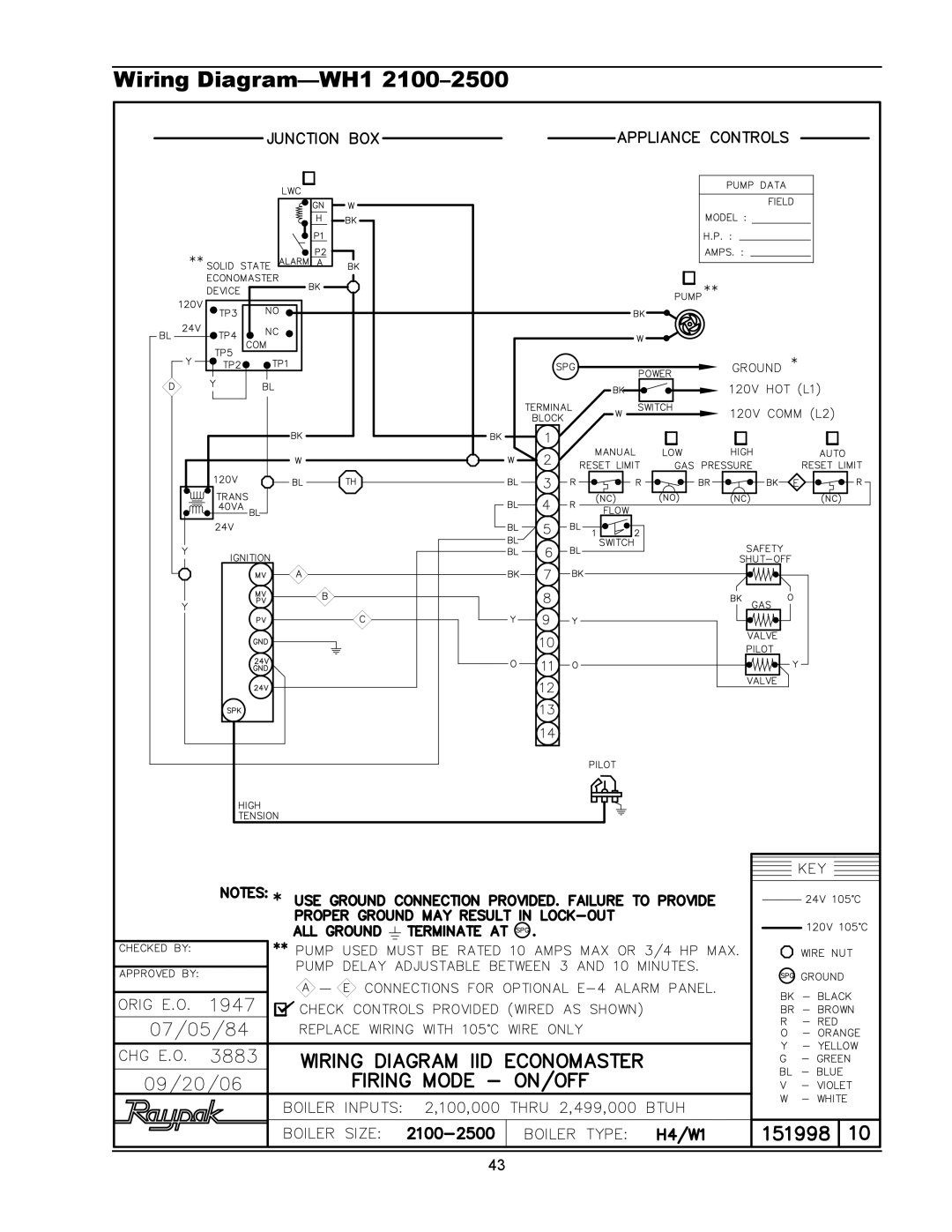 Raypak 1334001 operating instructions Wiring Diagram-WH1 