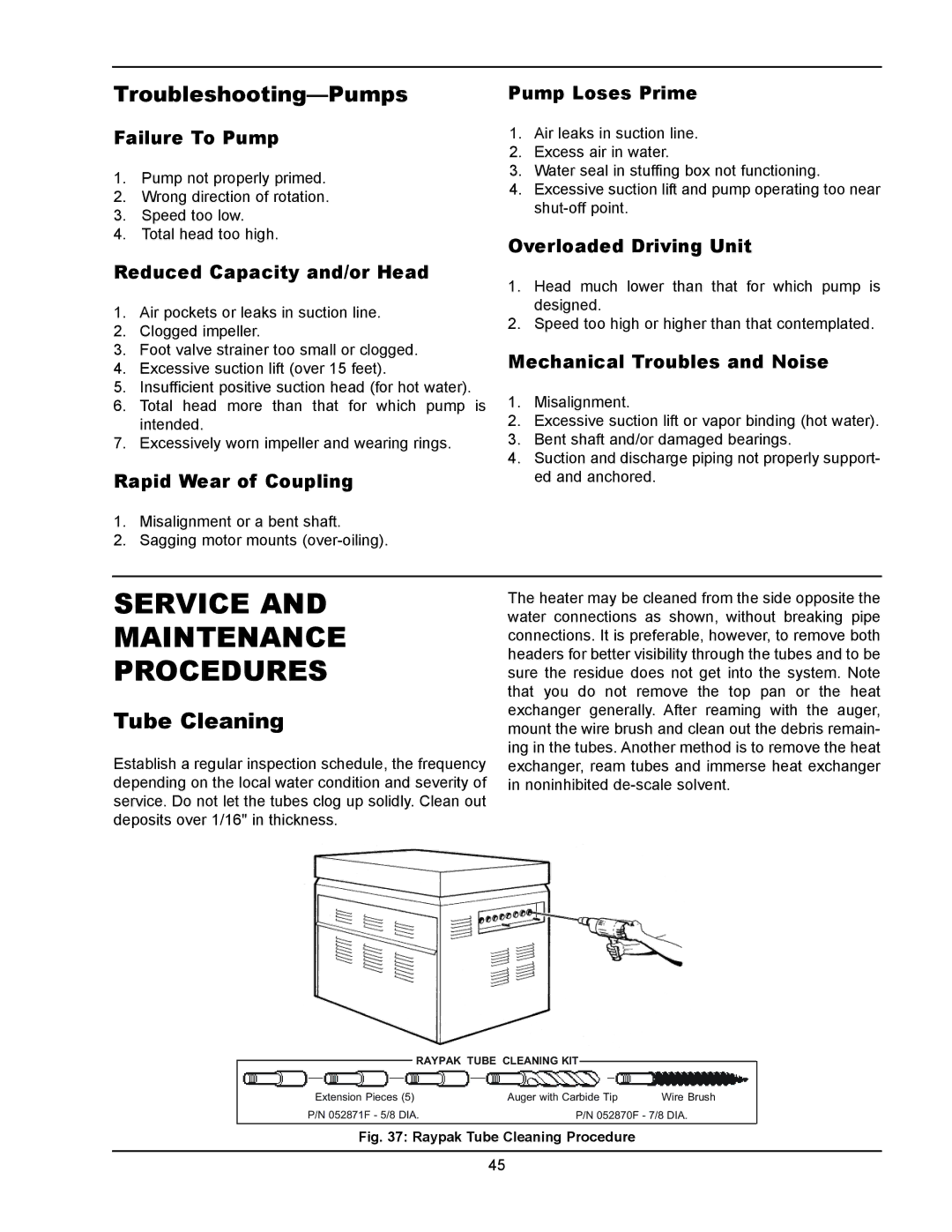 Raypak 1334001 operating instructions Service Maintenance Procedures, Troubleshooting-Pumps, Tube Cleaning 