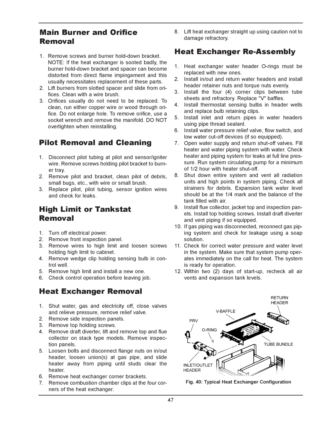 Raypak 1334001 Pilot Removal and Cleaning, High Limit or Tankstat Removal, Heat Exchanger Re-Assembly 