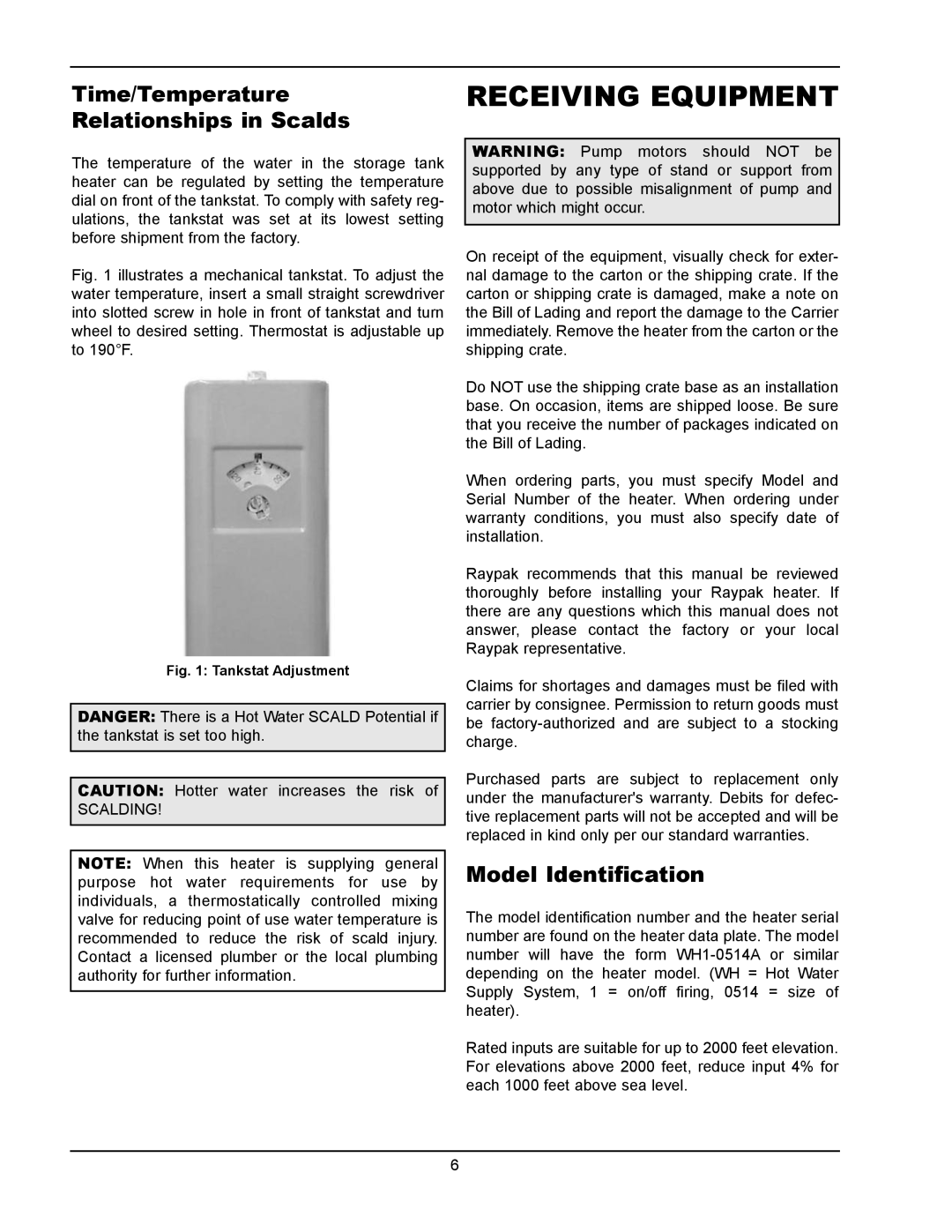 Raypak 1334001 operating instructions Receiving Equipment, Time/Temperature Relationships in Scalds, Model Identification 