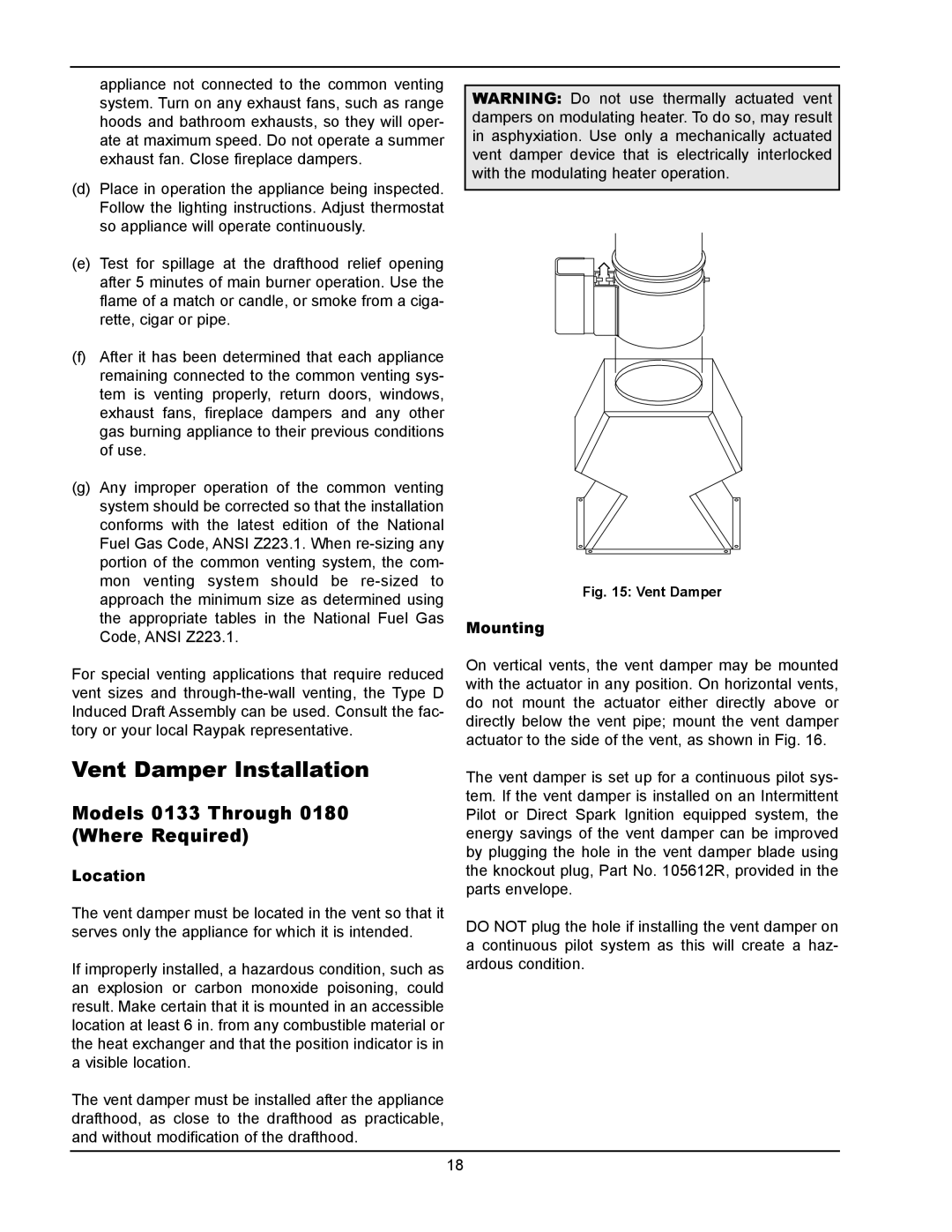 Raypak 1334001 operating instructions Vent Damper Installation, Models 0133 Through 0180 Where Required, Location, Mounting 