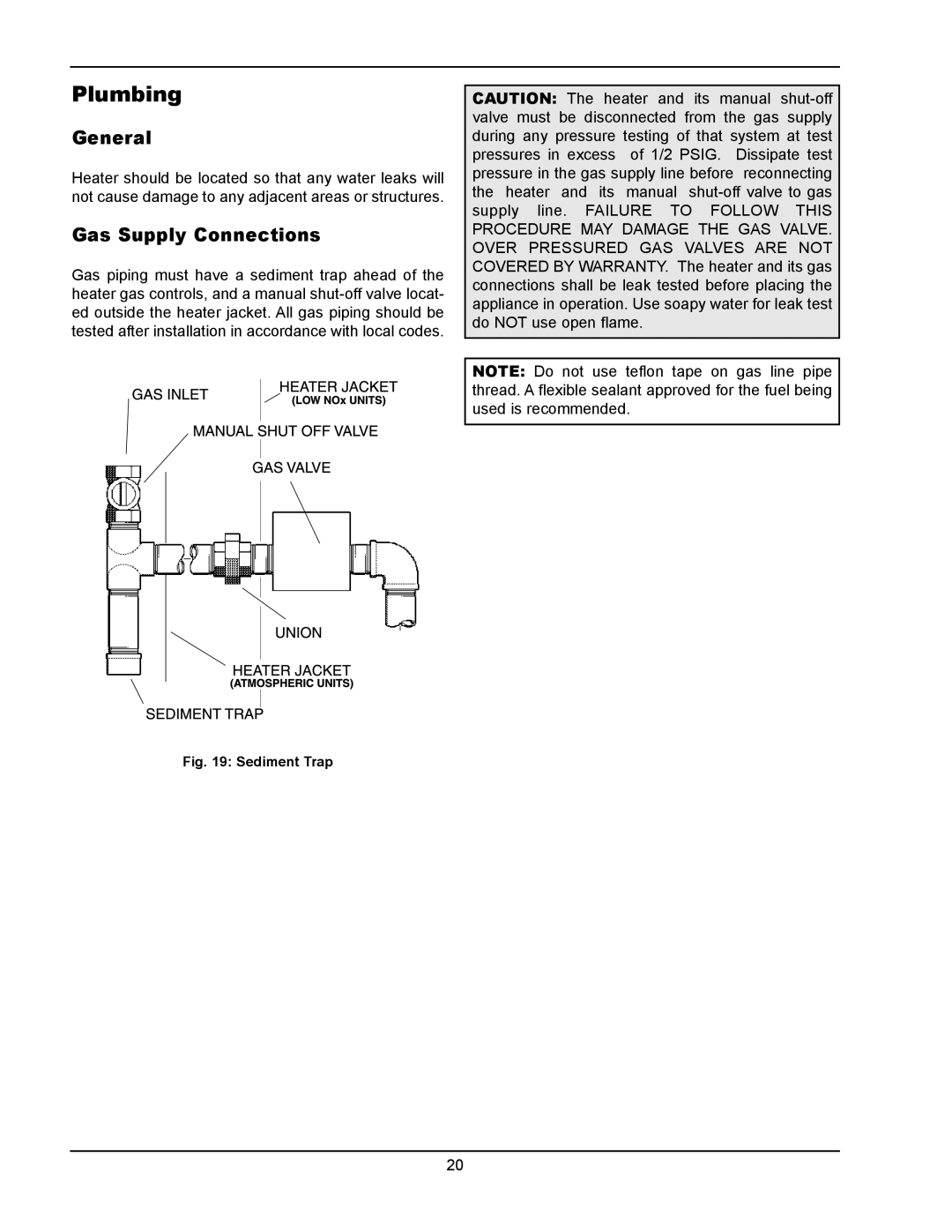Raypak 1334001 operating instructions Plumbing, General, Gas Supply Connections 