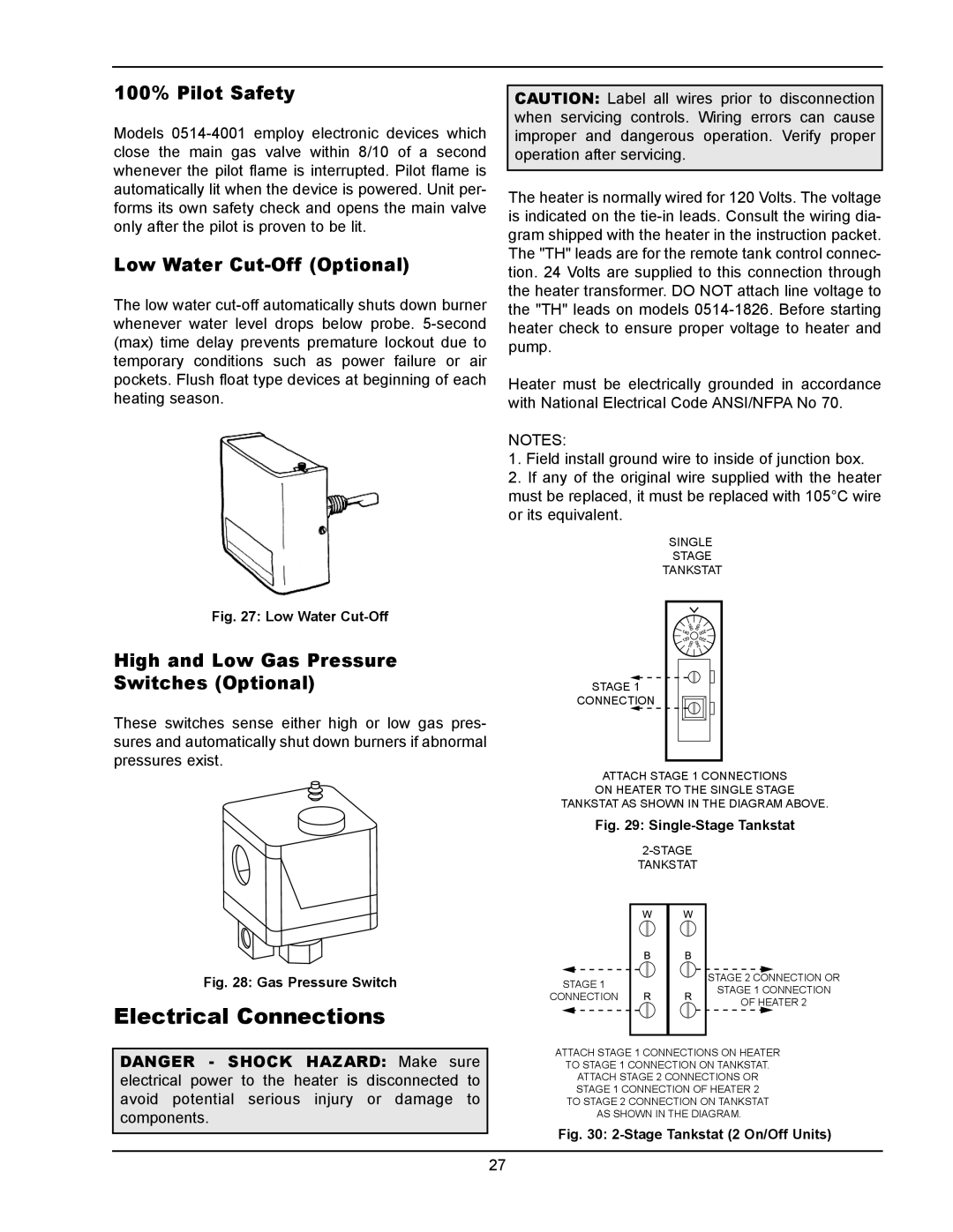 Raypak 1334001 operating instructions Electrical Connections, 100% Pilot Safety, Low Water Cut-OffOptional 