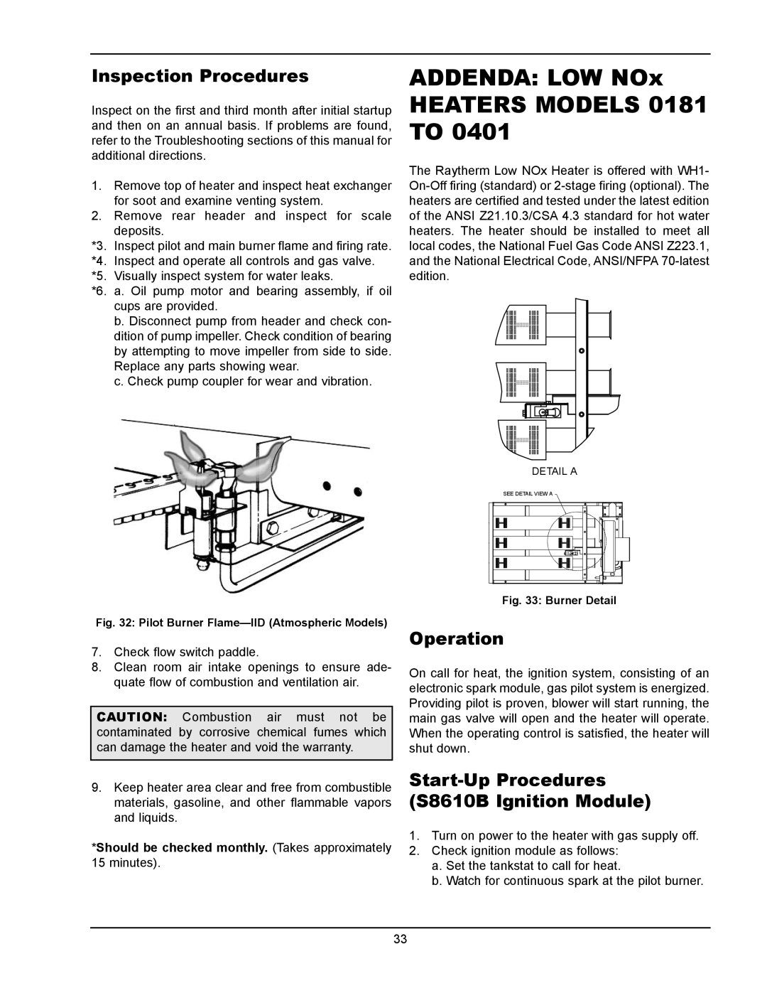 Raypak 1334001 operating instructions ADDENDA LOW NOx HEATERS MODELS 0181 TO, Inspection Procedures, Operation 