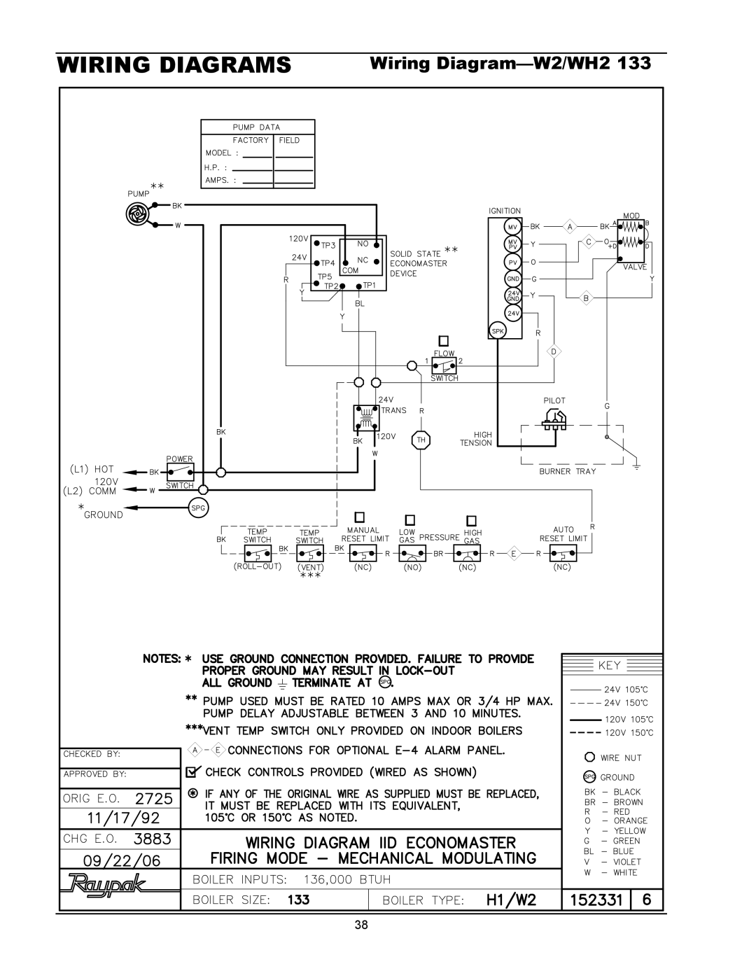 Raypak 1334001 operating instructions Wiring Diagrams, Wiring Diagram-W2/WH2133 