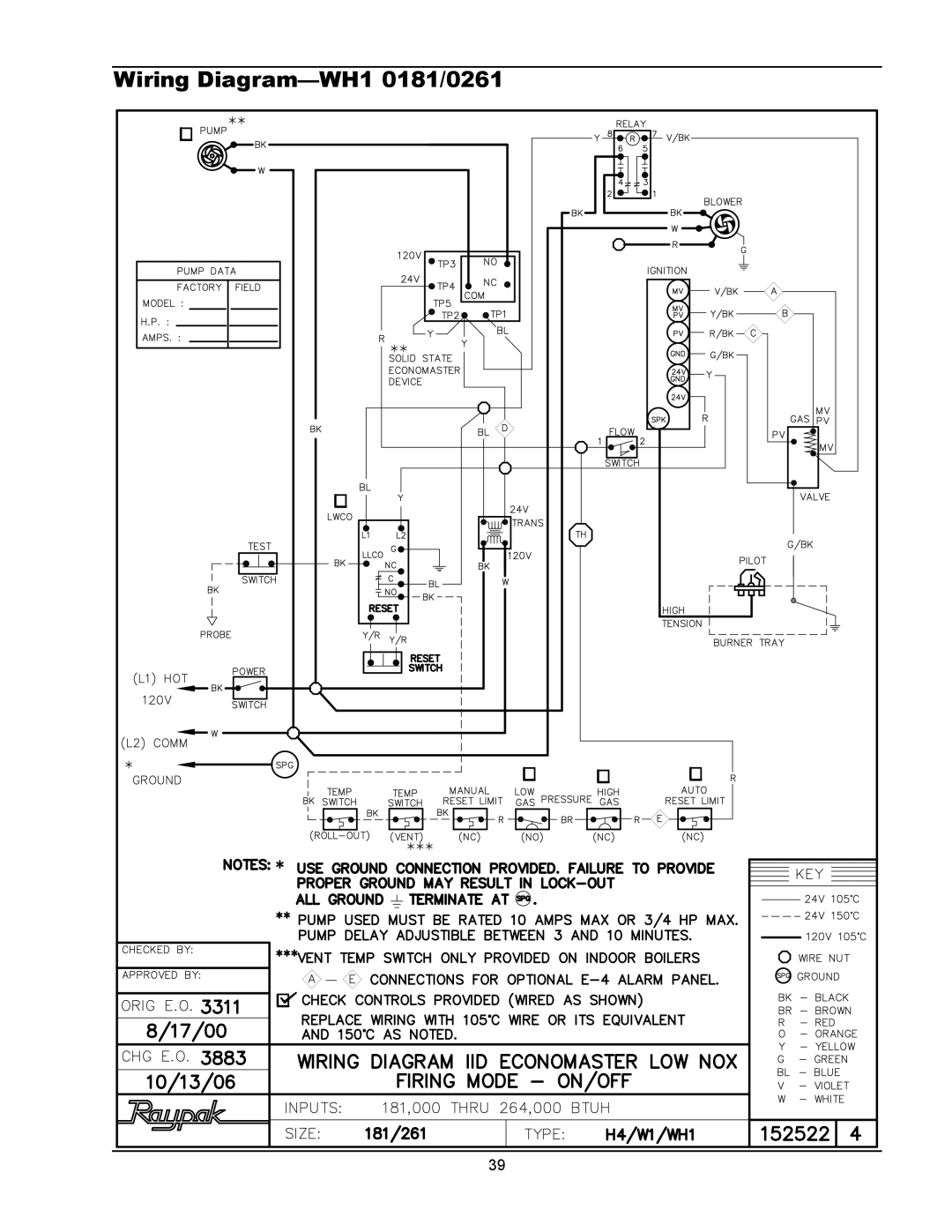 Raypak 1334001 operating instructions Wiring Diagram-WH10181/0261 