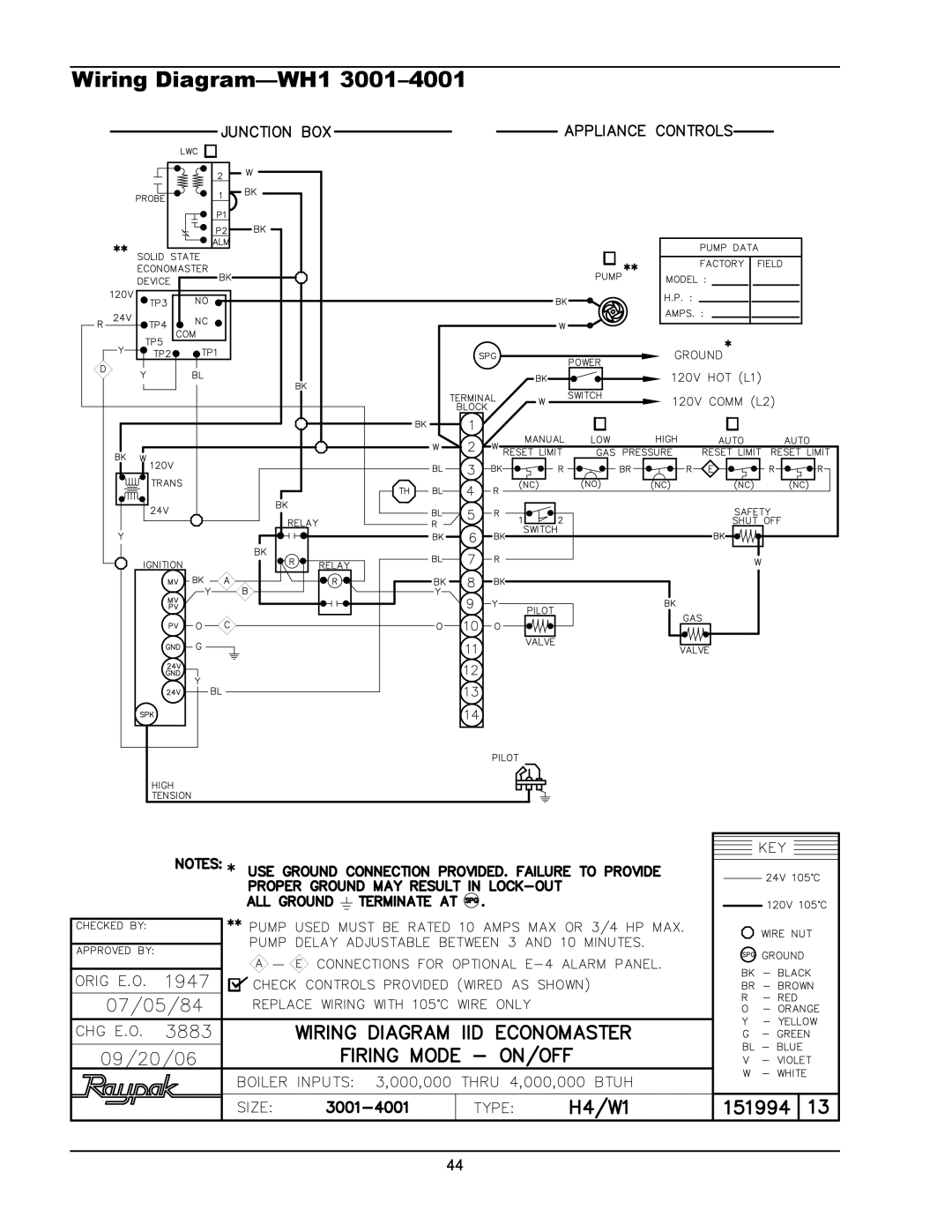 Raypak 1334001 operating instructions Wiring Diagram-WH1 