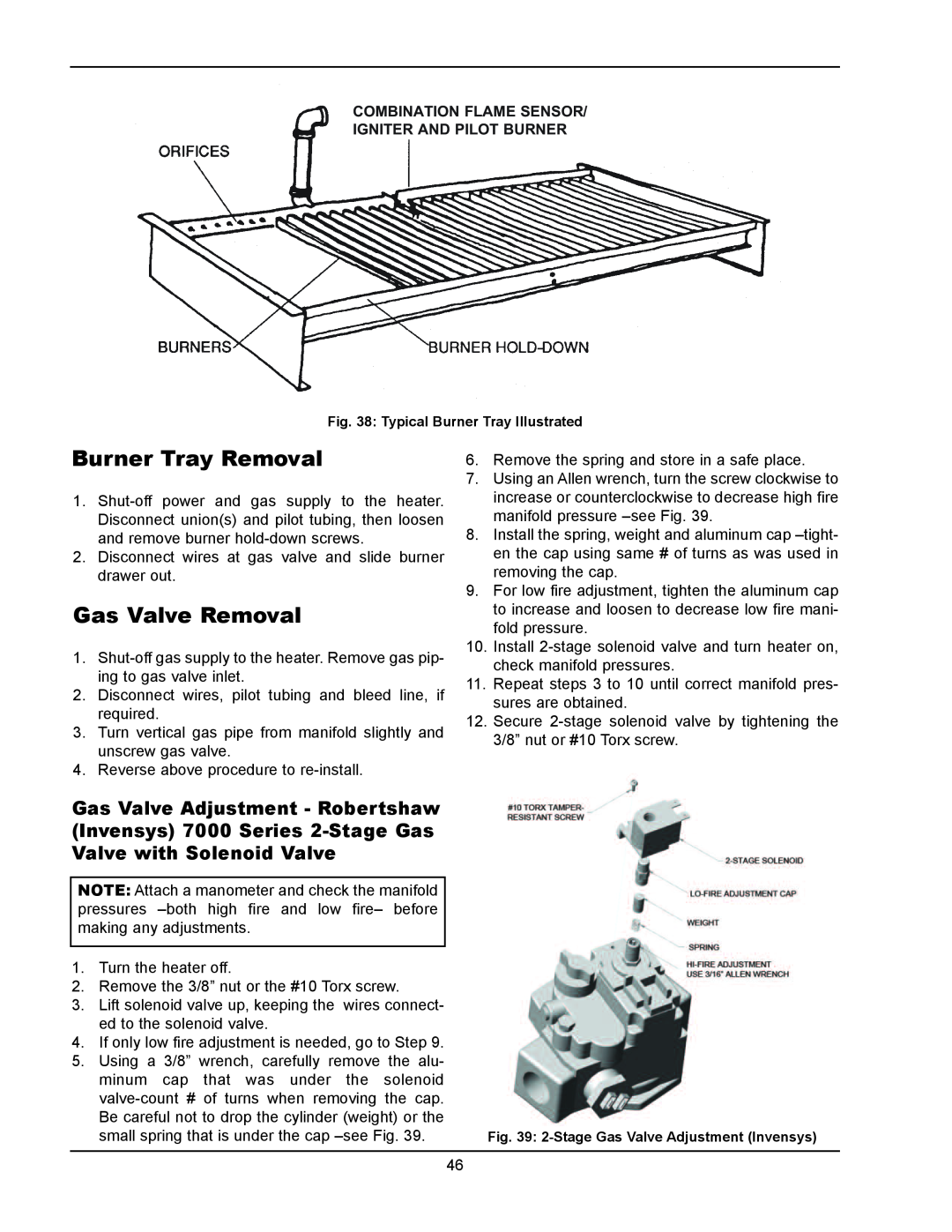 Raypak 1334001 operating instructions burner Tray Removal, Gas Valve Removal, Reverse above procedure to re-install 