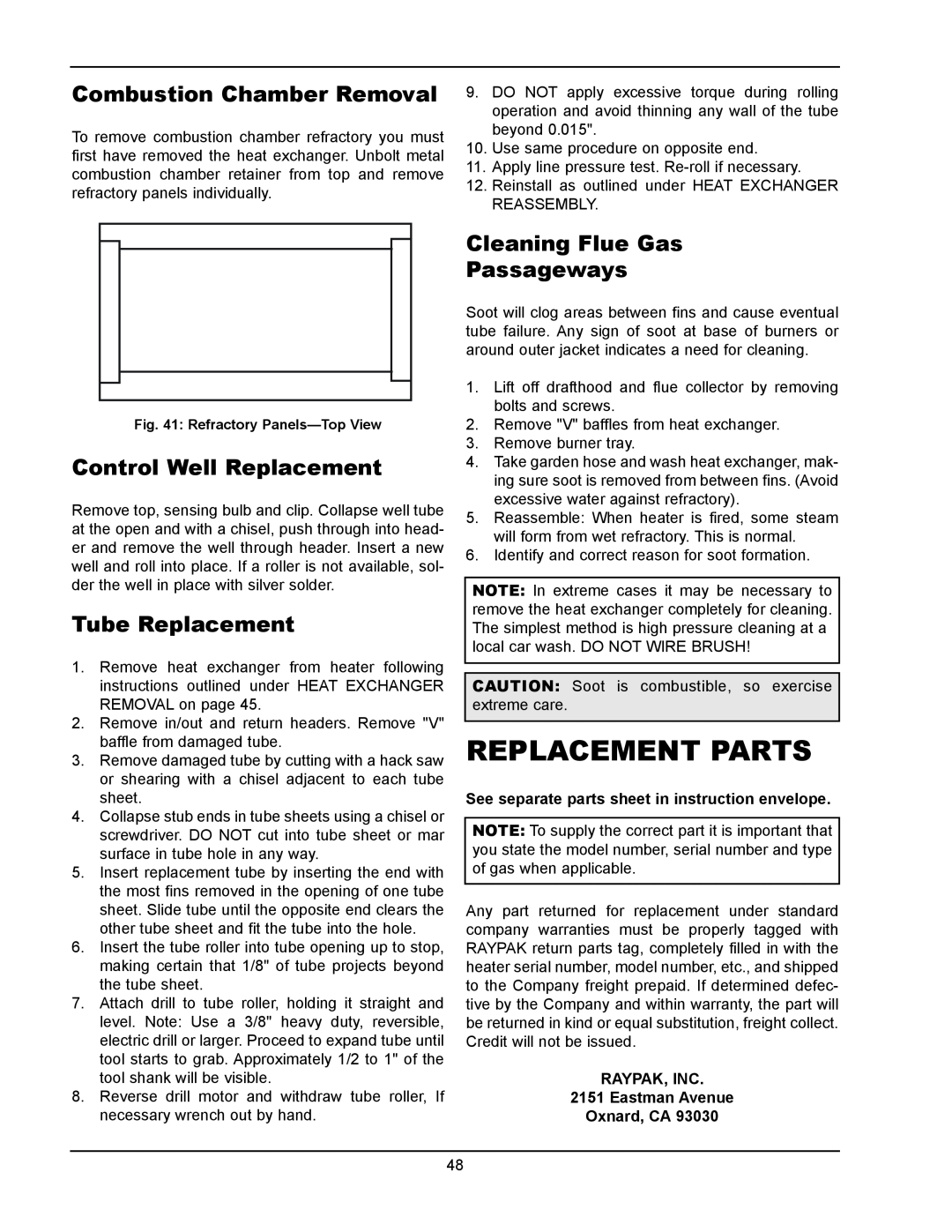 Raypak 1334001 Replacement Parts, Combustion Chamber Removal, Control Well Replacement, Tube Replacement 