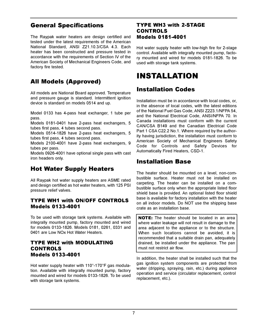 Raypak 1334001 General Specifications, All Models Approved, Hot Water Supply Heaters, Installation Codes 