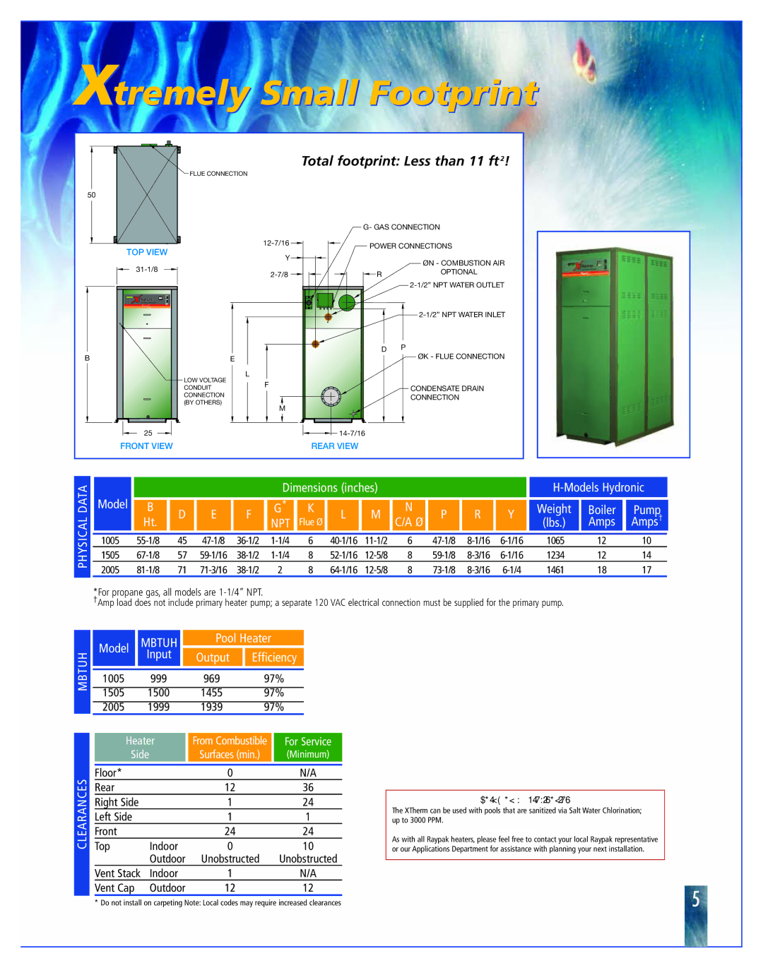 Raypak 2005, 1505 brochure Xtremely Small Footprint, For propane gas, all models are 1-1/4 NPT 