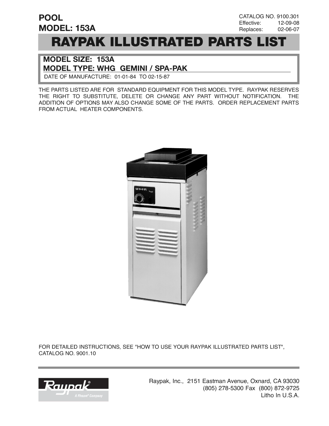 Raypak 153A manual Raypak Illustrated Parts List 