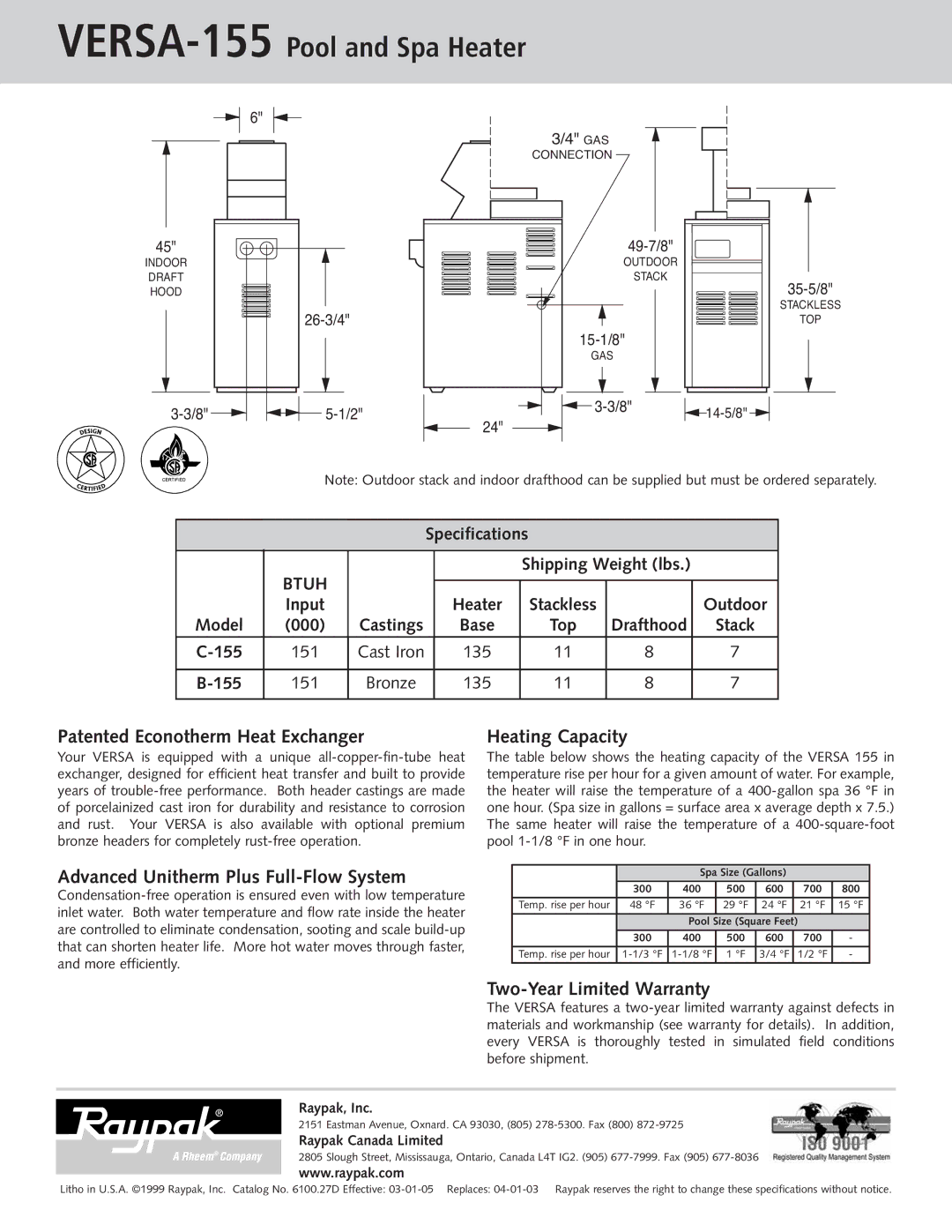 Raypak 155 manual Patented Econotherm Heat Exchanger, Advanced Unitherm Plus Full-Flow System, Heating Capacity 